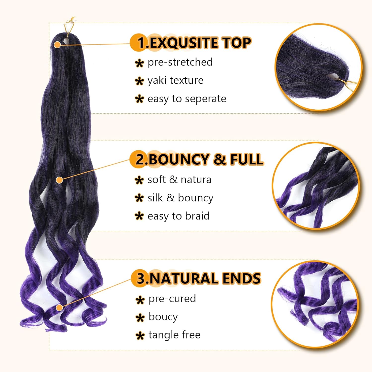 French Curl Braids - rajout cheveux tressés 56cm, 7 paquets, boucle 1B/Purple