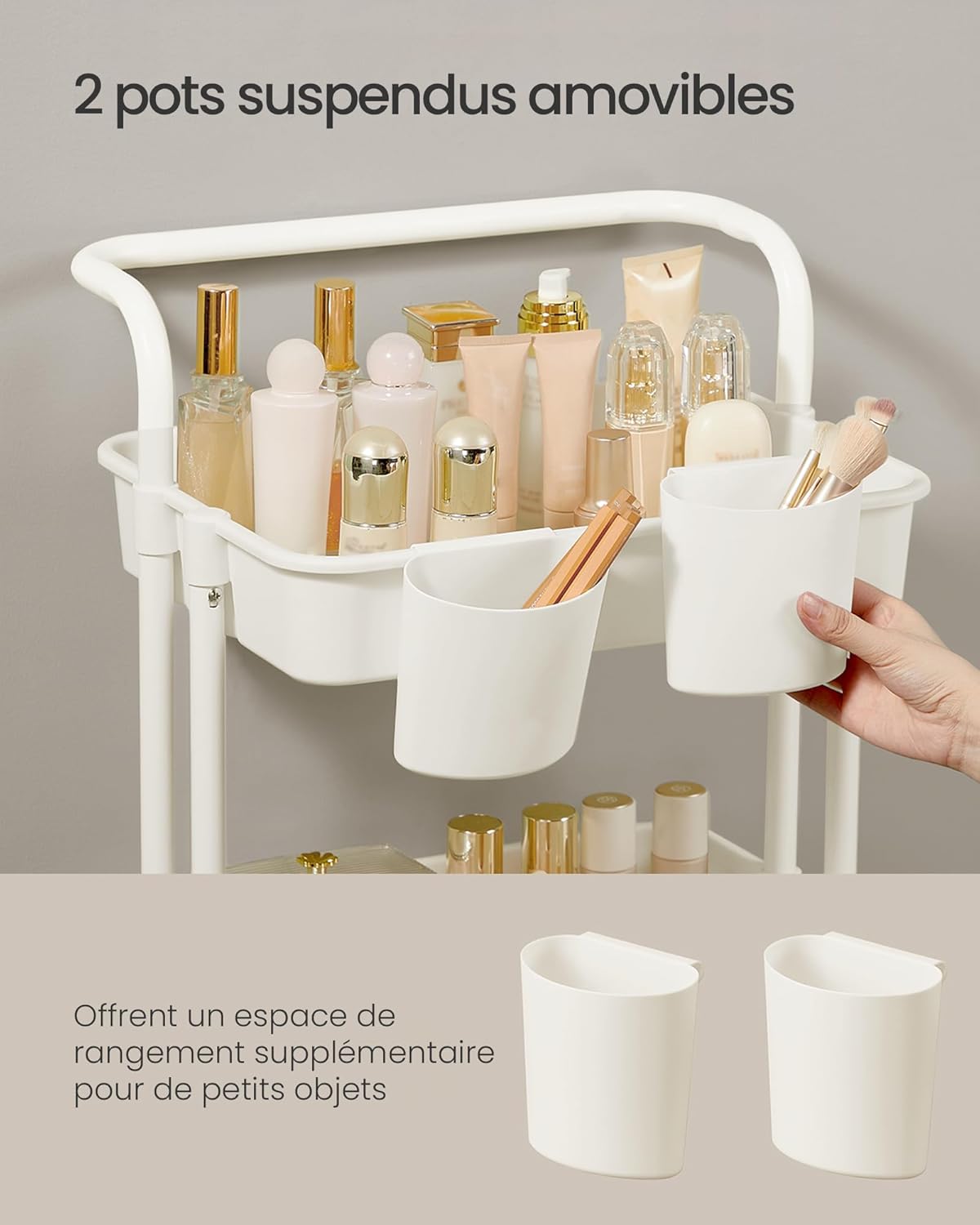 SONGMICS - chariot de rangement 3 niveaux, roulettes, freins, poignée, 2 pots, plastique, blanc - BSC067W01