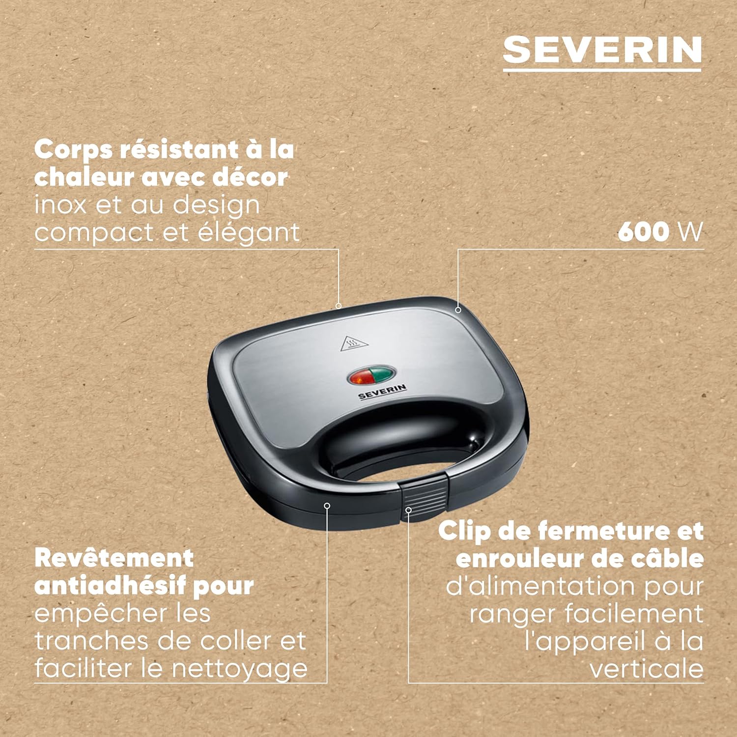 SEVERIN - Appareil croque-monsieur 600W - 2 sandwichs, plaques antiadhésives - SA 2969