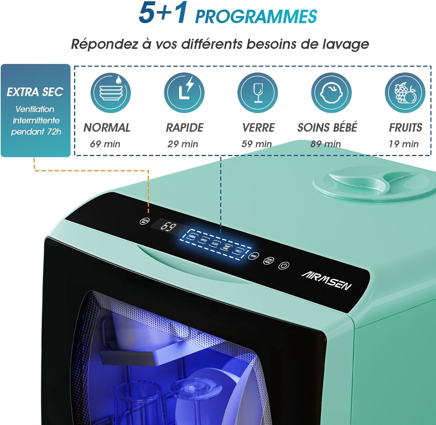 AIRMSEN - Mini lave-vaisselle compact - 5L - 5+1 programmes, écran LED