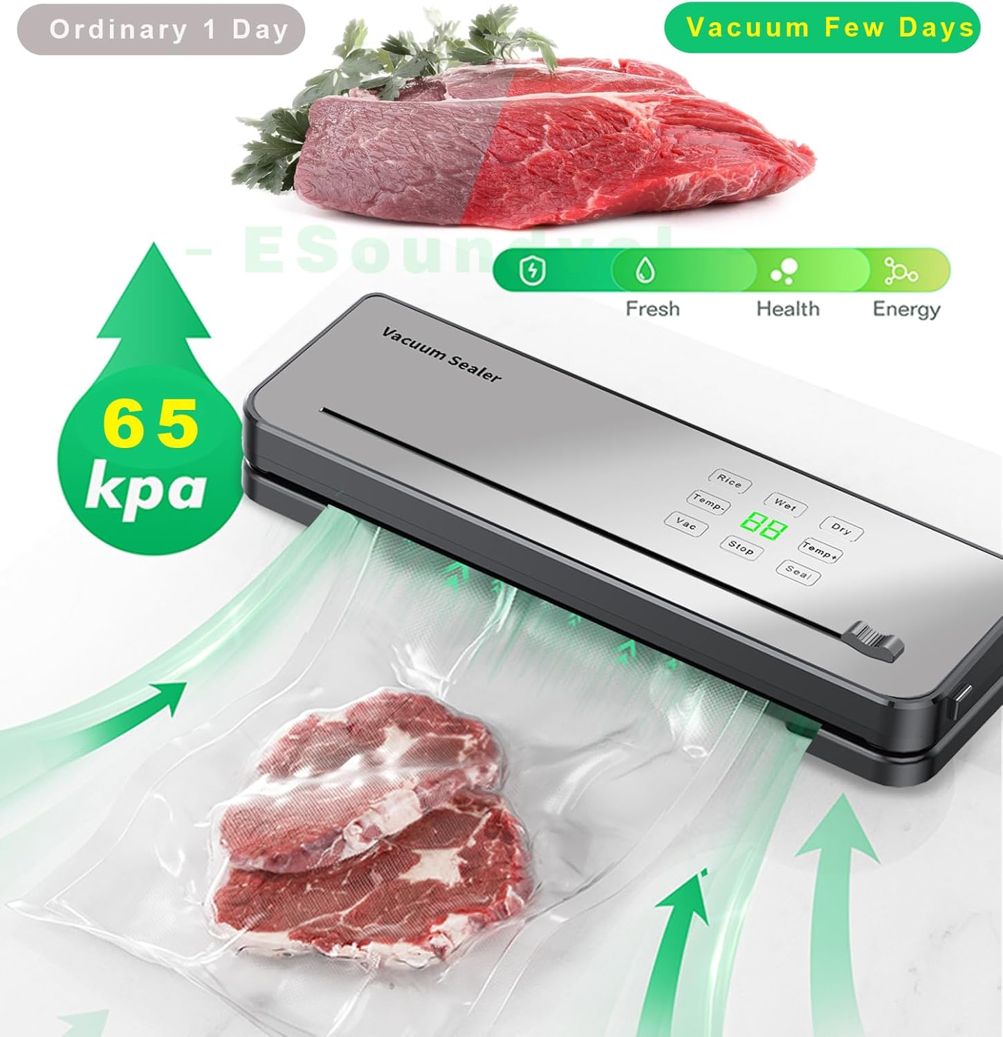 ESoundvol - Machine sous vide 8 en 1, coupe-aliments, LED, 10 sacs