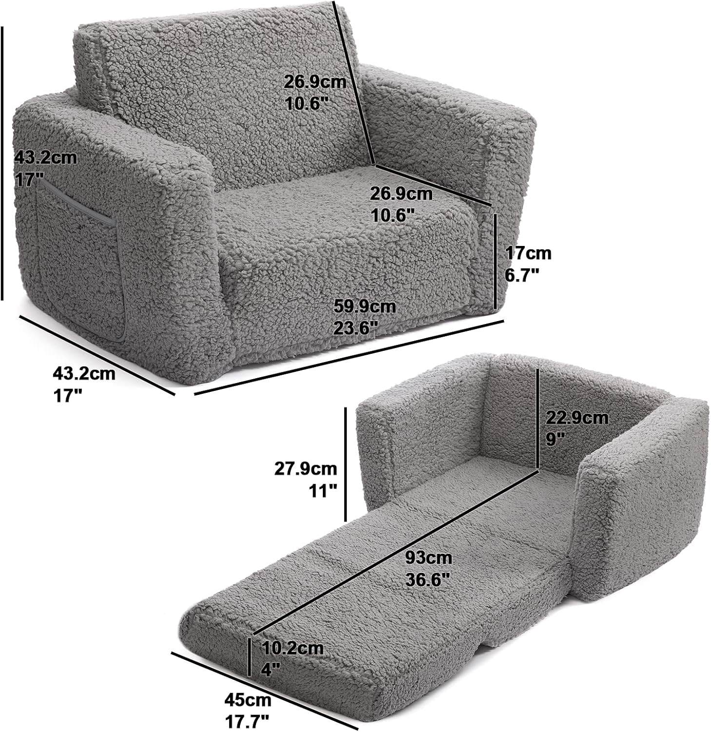 BEJOY - fauteuil enfant convertible 2-en-1, tissu Sherpa, gris, confortable