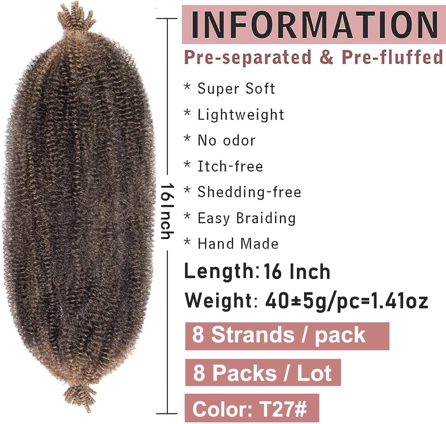 Xtrend - Springy Afro Twist - 16 pouces - 8 packs, cheveux pré-séparés, synthétique, extension crochet, T27#