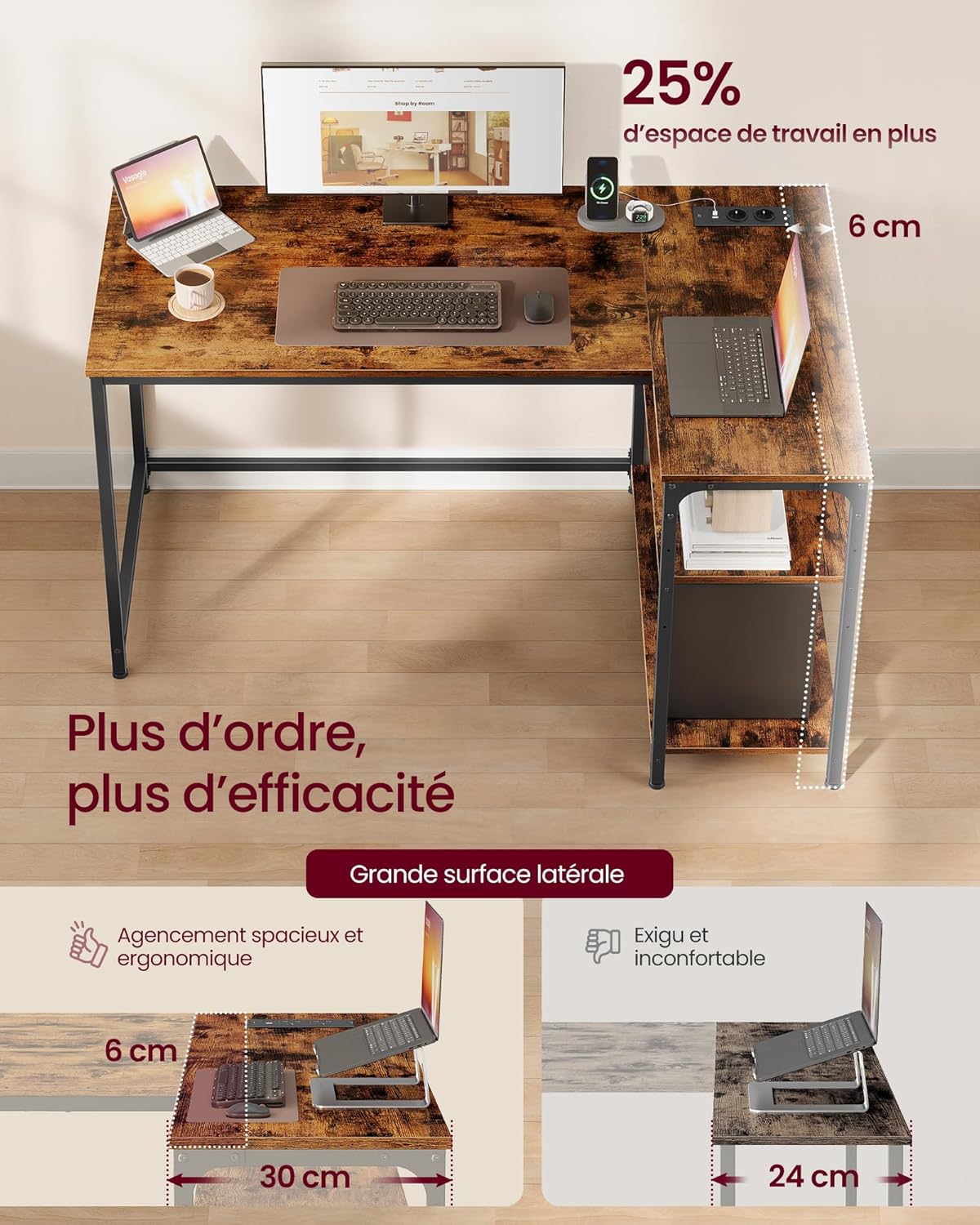 VASAGLE - Bureau Gaming Série L - 120x80cm - étagères réglables, prises USB, LWD132KD01