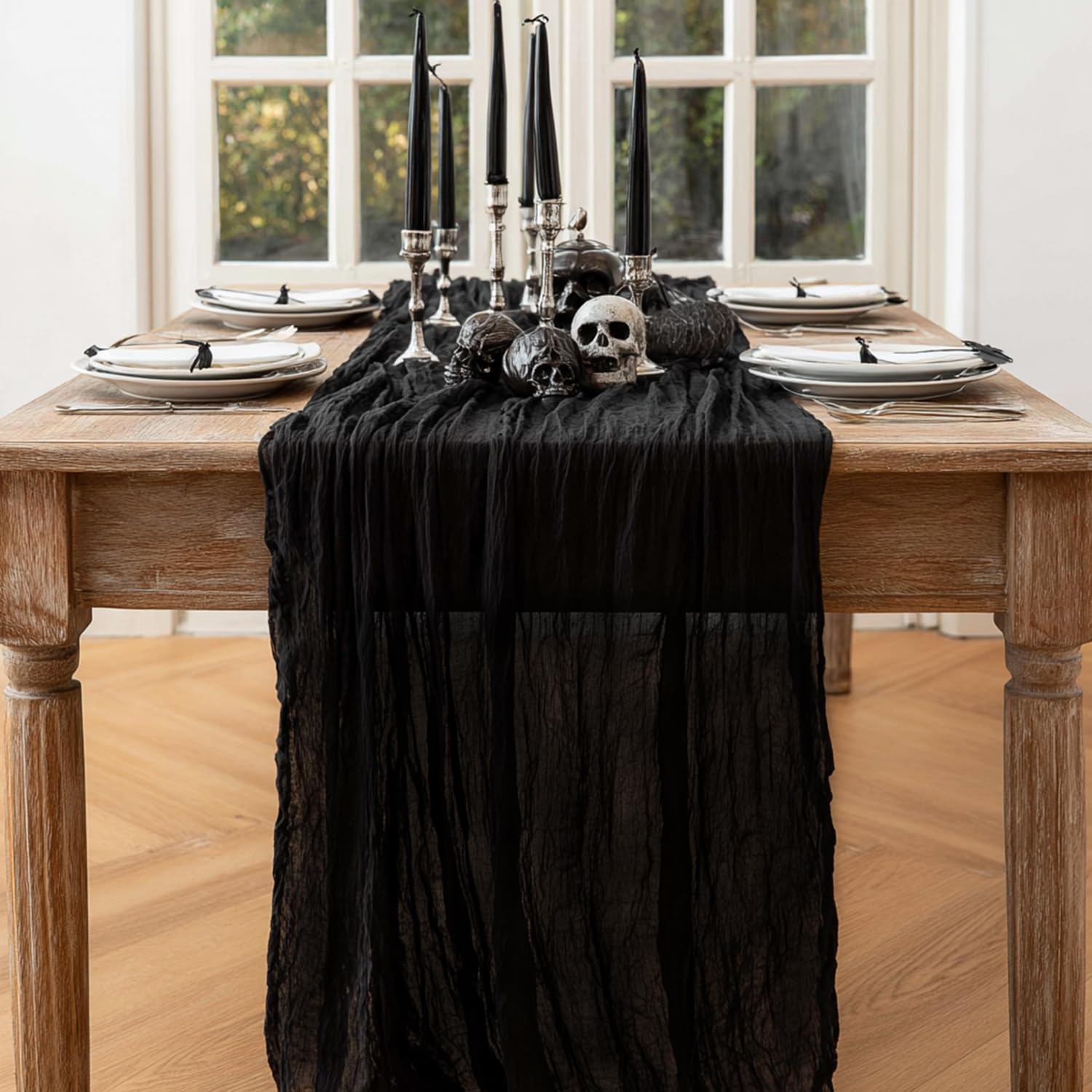 Artoid Mode - Chemins de table bohème noir - 300 cm - mousseline gaze, déco mariage/fête