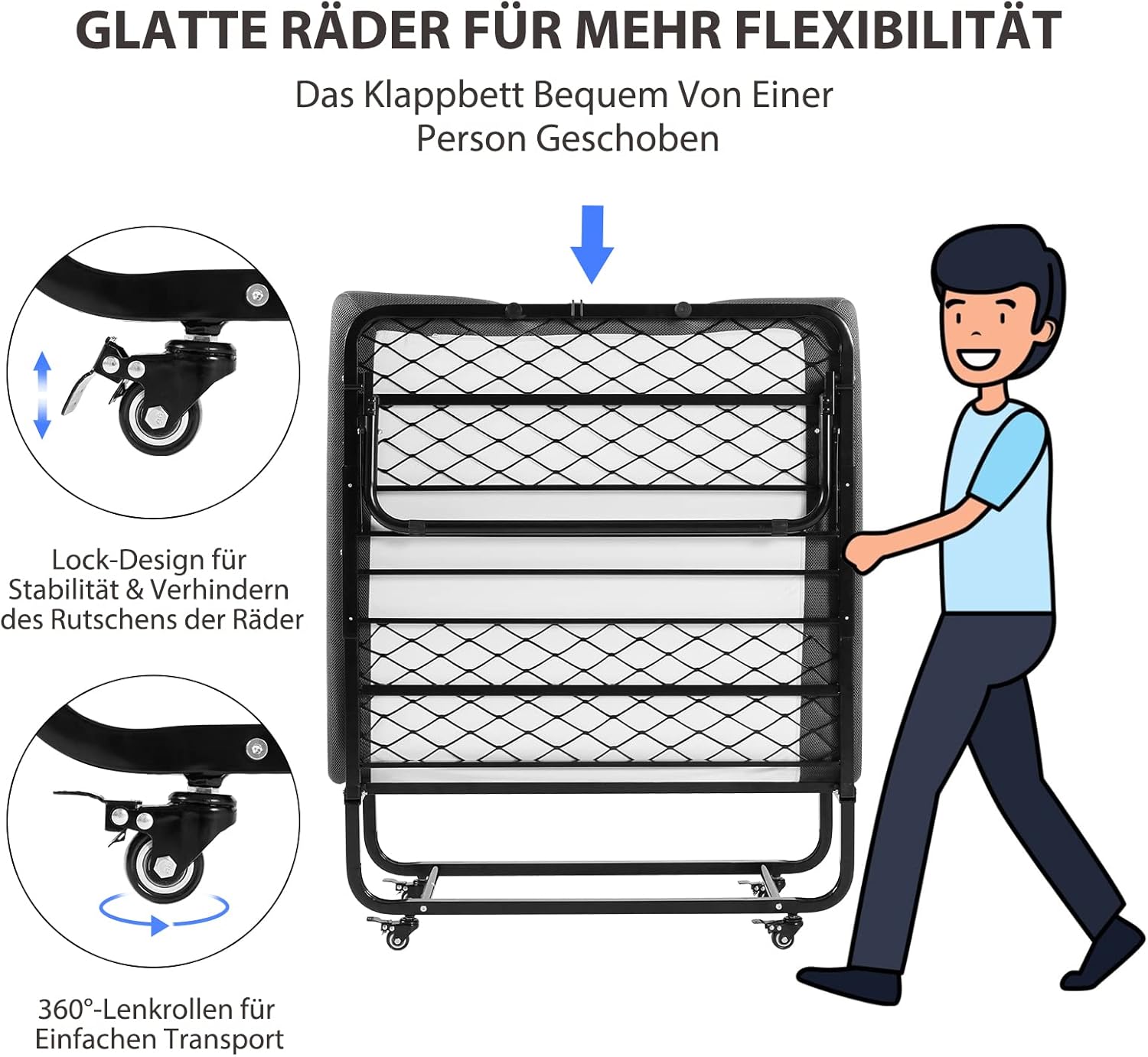 DICTAC - lit pliant 90x200 cm, matelas mémoire de forme, avec roulettes