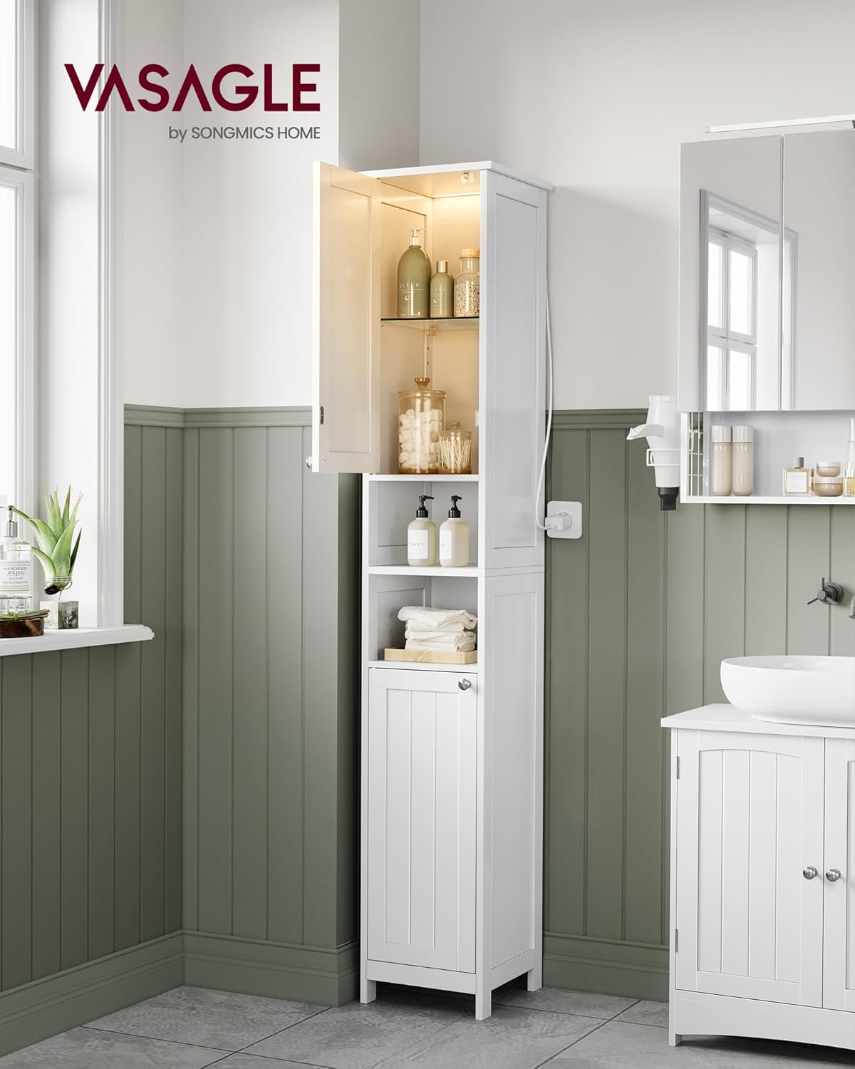 VASAGLE - armoire salle de bain haute, blanche, étagères réglables, éclairage, BBC566W03