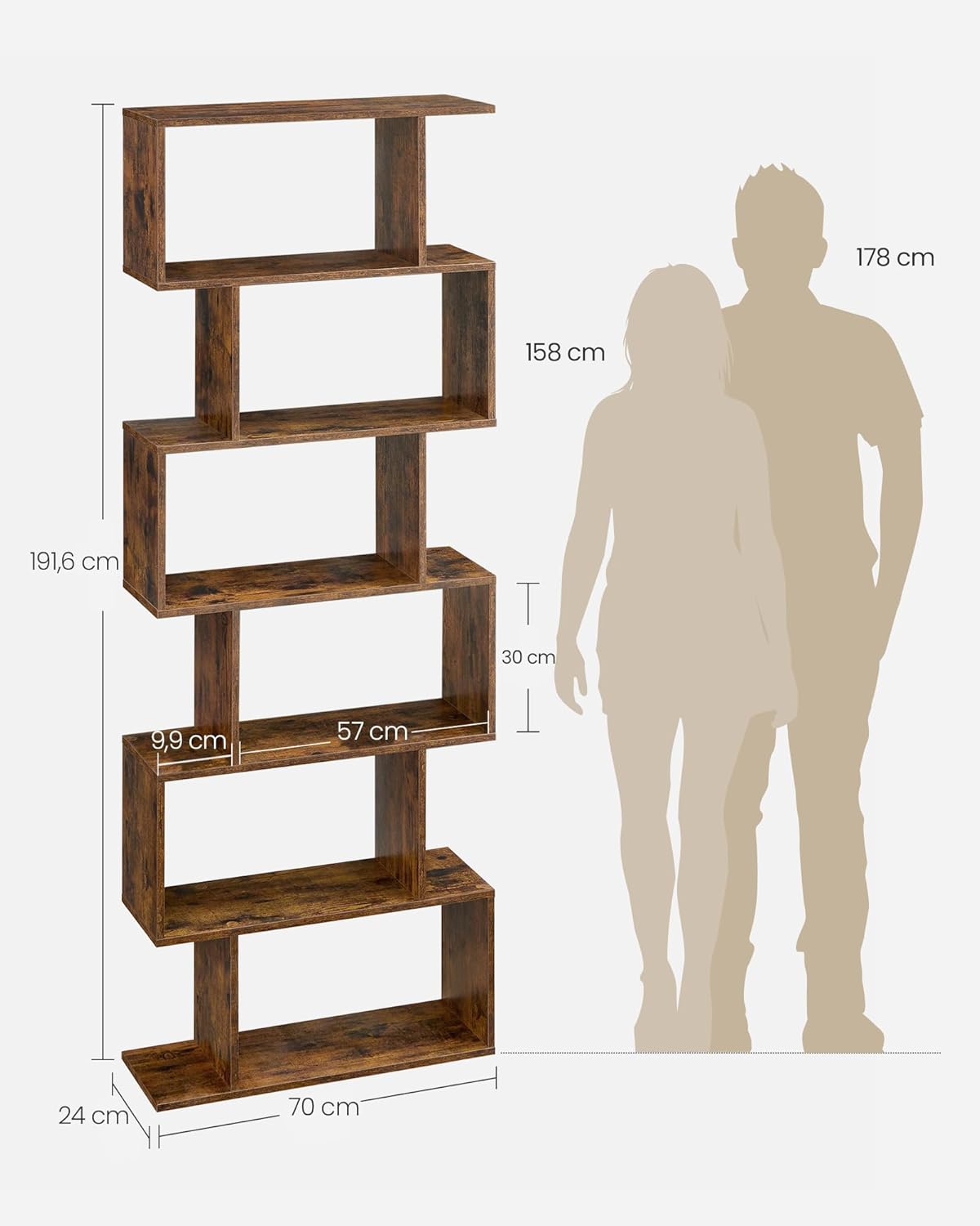 VASAGLE - étagère 6 niveaux - 24x70x191,6 cm - rangement, séparateur, marron rustique - LBC61BX