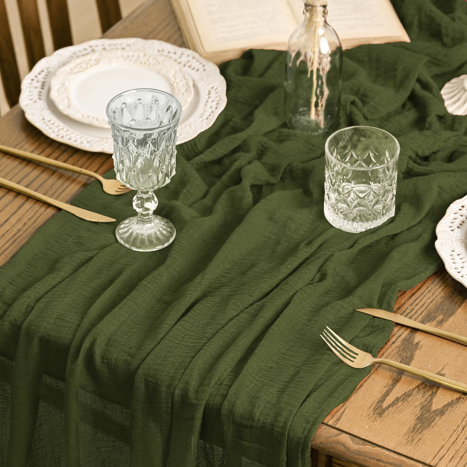 Artoid Mode - Chemin de Table Bohême - 300 cm - Gaze Mousseline Vert Olive