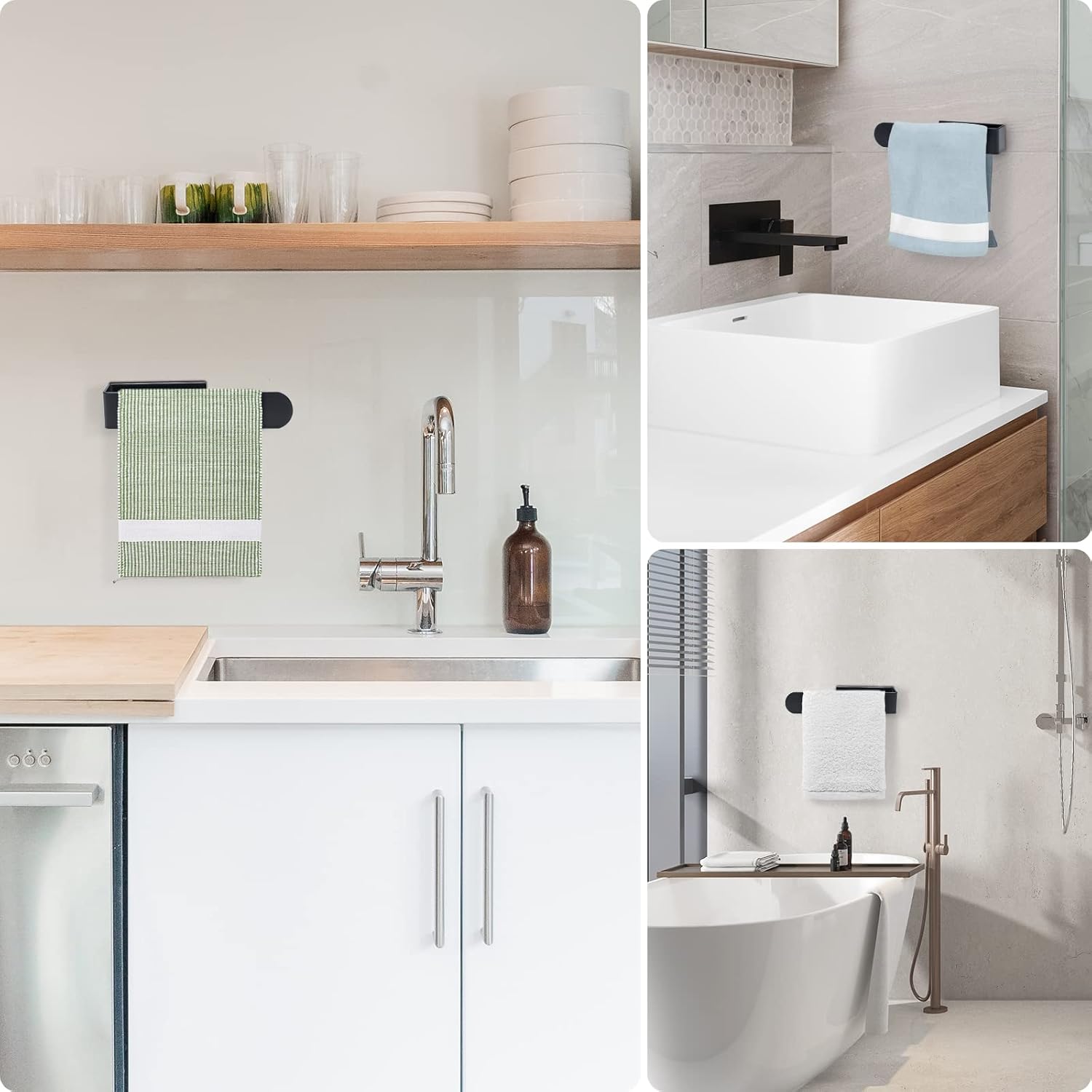 BillyBath - Porte-serviette mural noir 20cm - adhésif/perçage, salle de bain