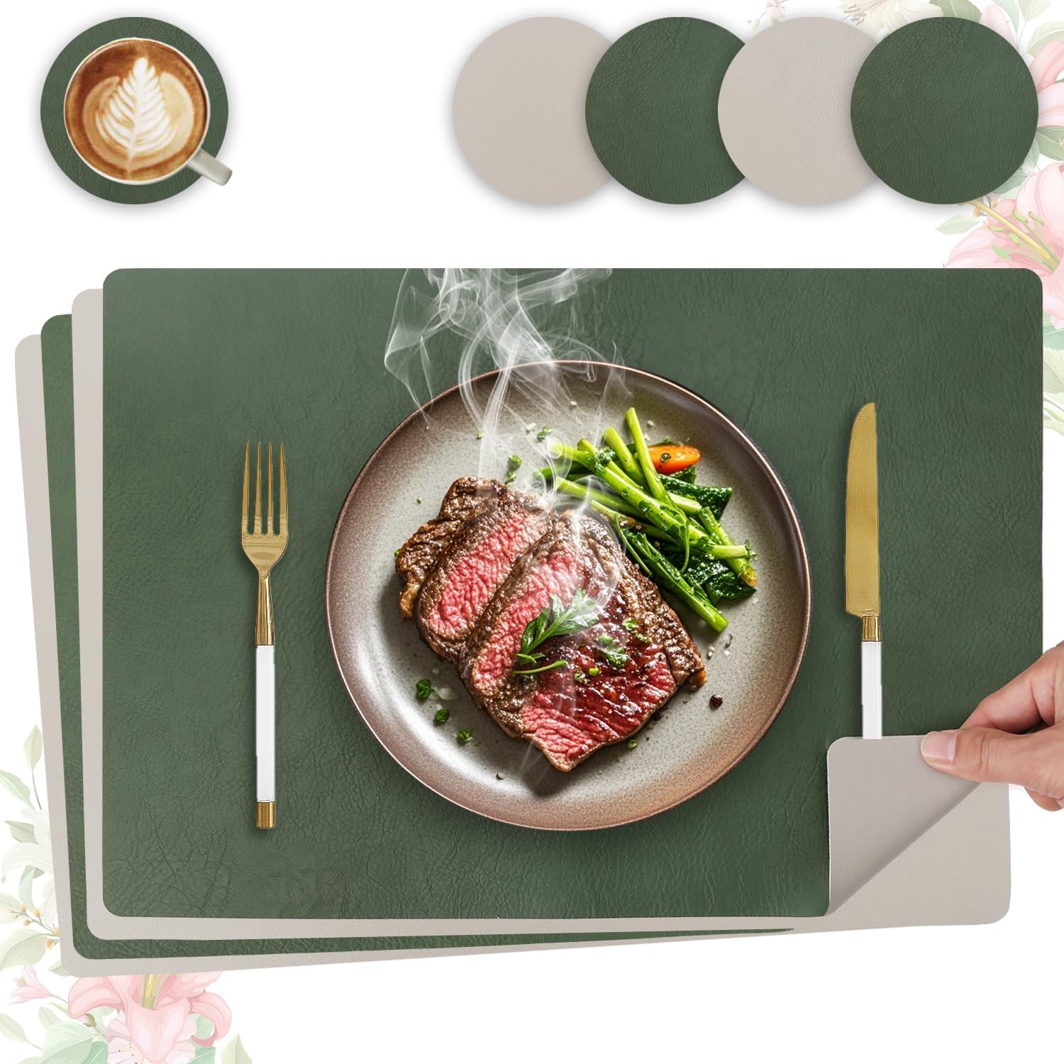 Set de table - cuir PU double face 43x30cm - lavable, antidérapant, lot de 4