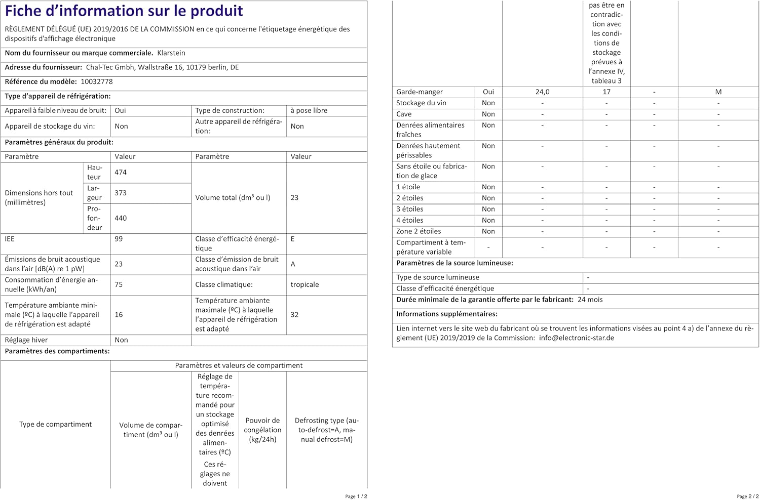 Klarstein - Brooklyn Mini - 24L, verre, étagères réglables, silencieux