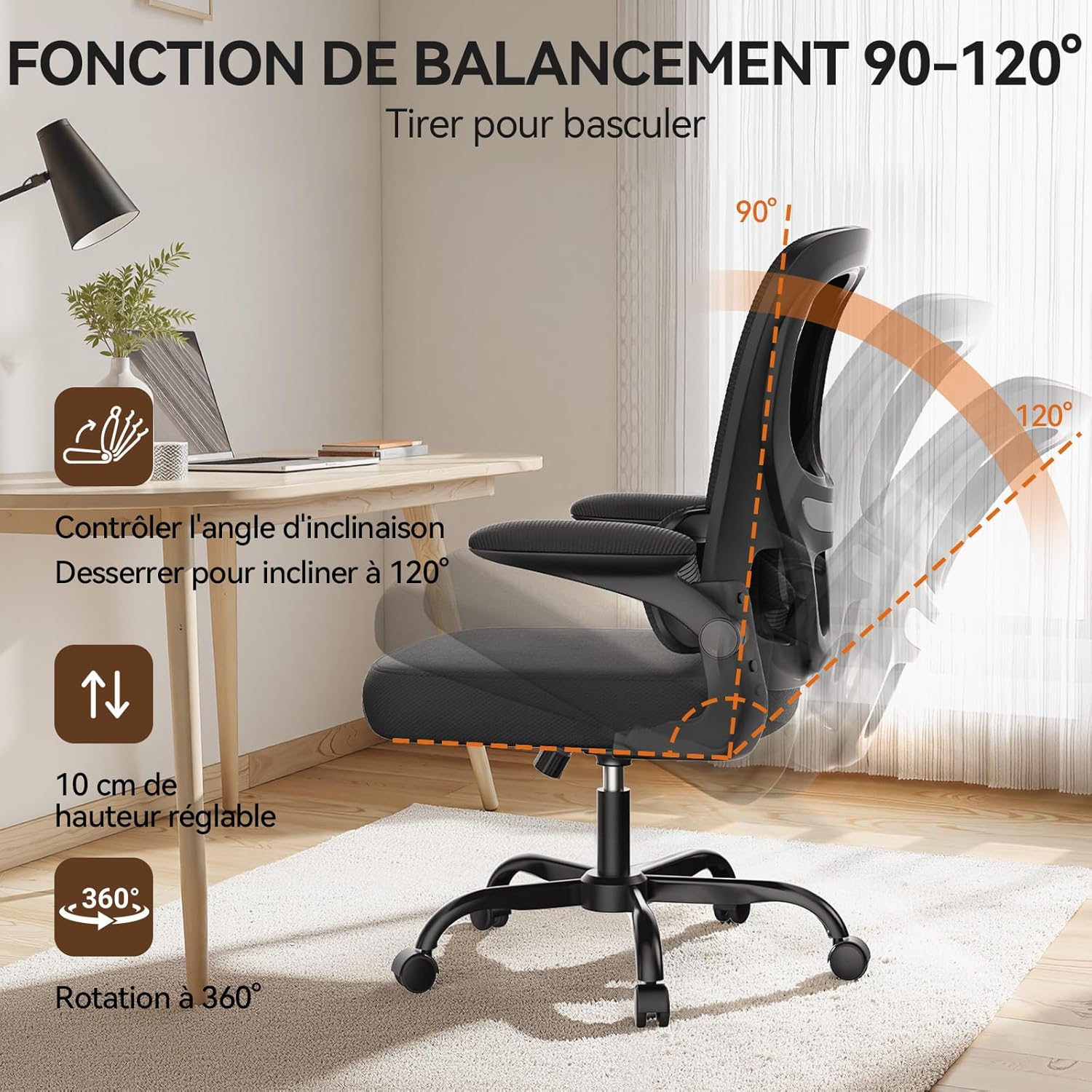 Naspaluro - chaise de bureau ergonomique - support lombaire C - accoudoirs réversibles, maille respirante, noir
