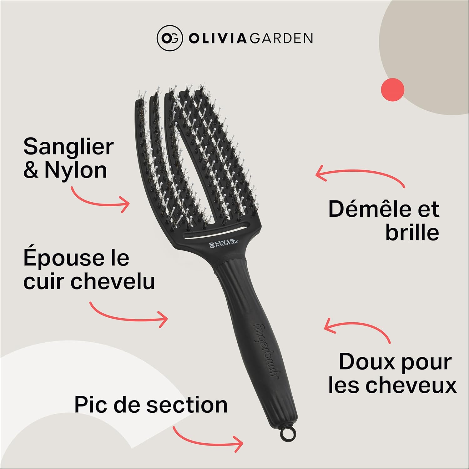 Olivia Garden - Fingerbrush Care Iconic - brosse démêlante sanglier & nylon - brillance et coiffage lisse