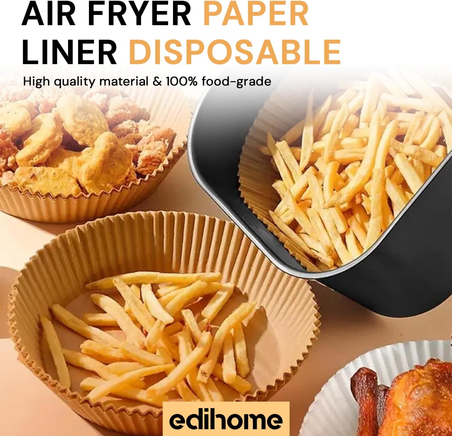 edihome - Papier cuisson air fryer - 20-24 cm - 100 unités, jetable, sans BPA