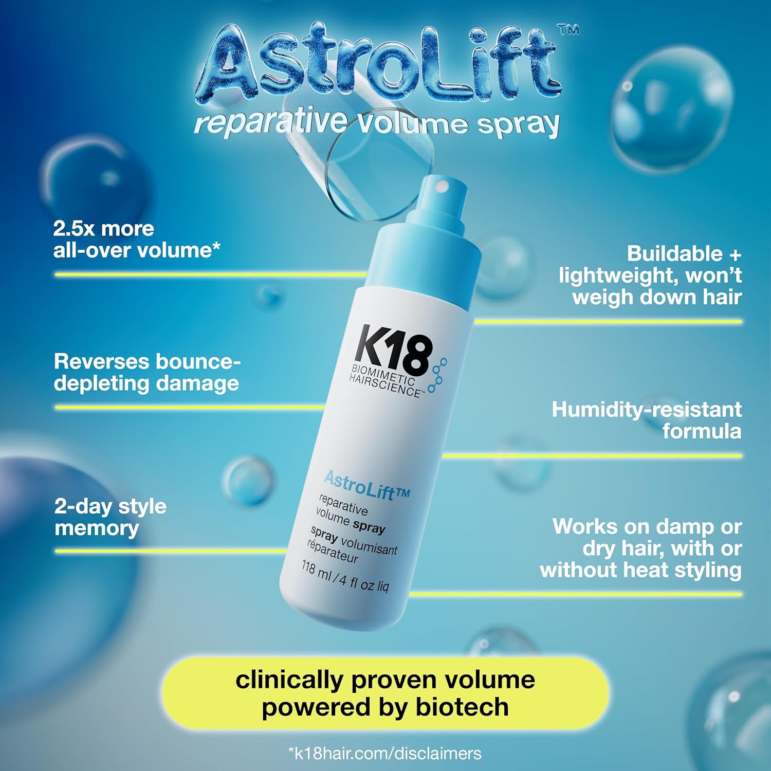 K18 - Spray volumisant réparateur AstroLift - 47ml - épaississant, fixation 2 jours, anti-humidité, non collant