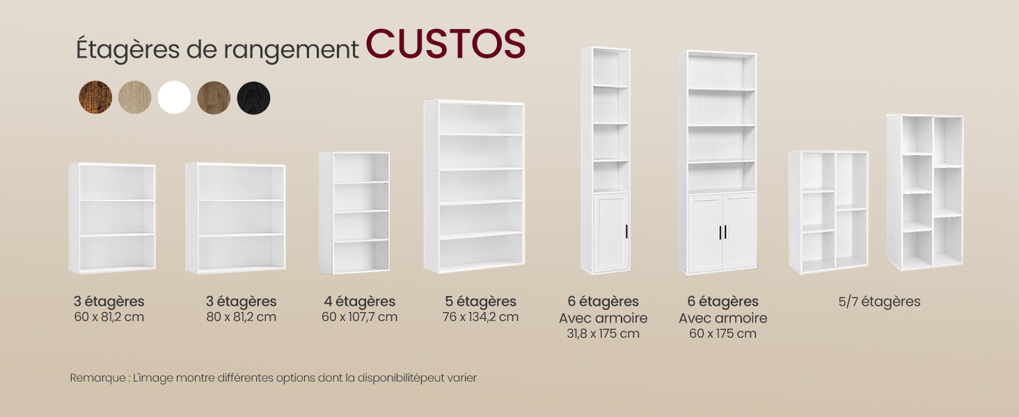 Custos propose différentes tailles, de 3 à 5 niveaux et plus, en blanc, avec plusieurs options de couleurs indiquées en haut