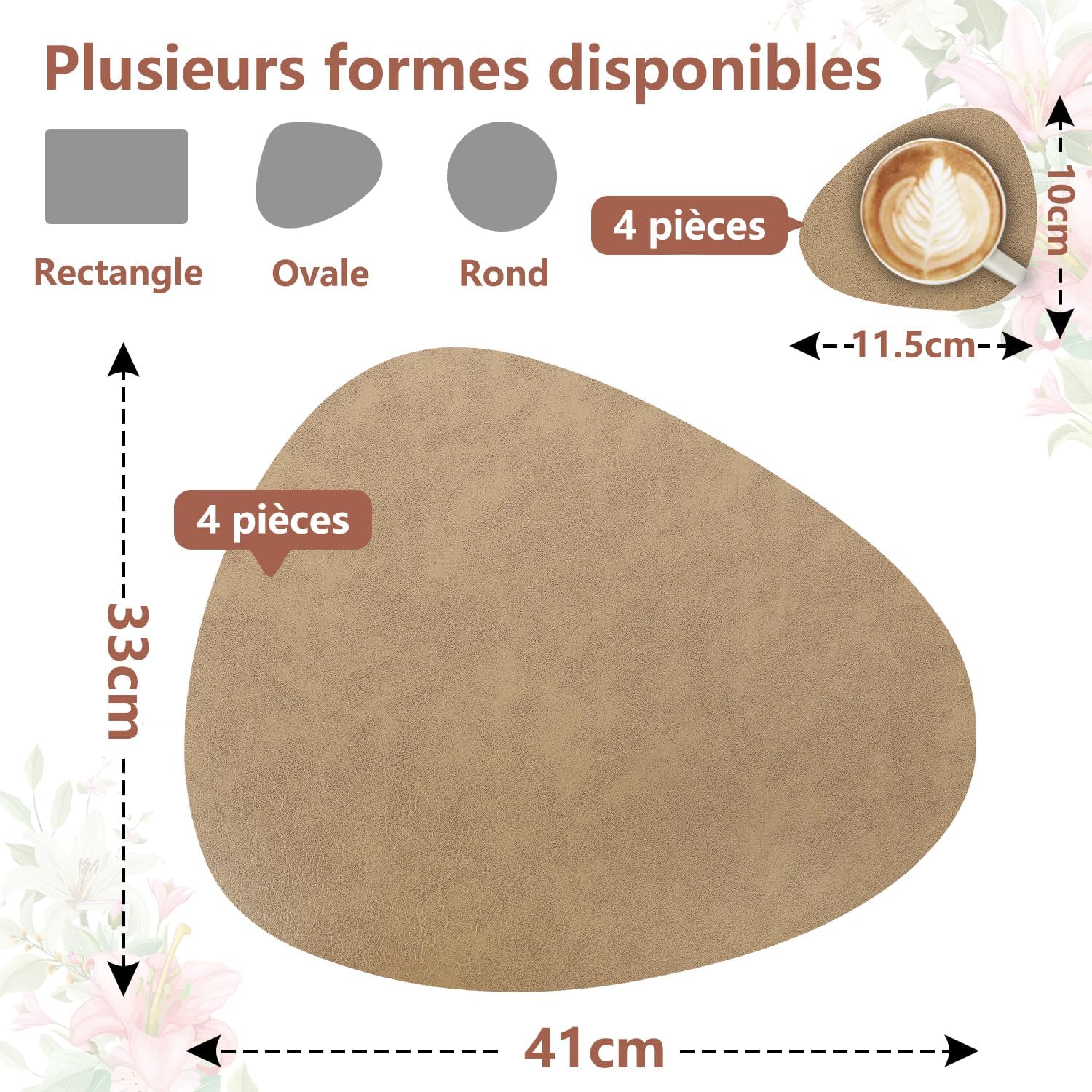 Sets de Table - lot de 4, cuir PU double face, 41x33cm, lavable, antidérapant