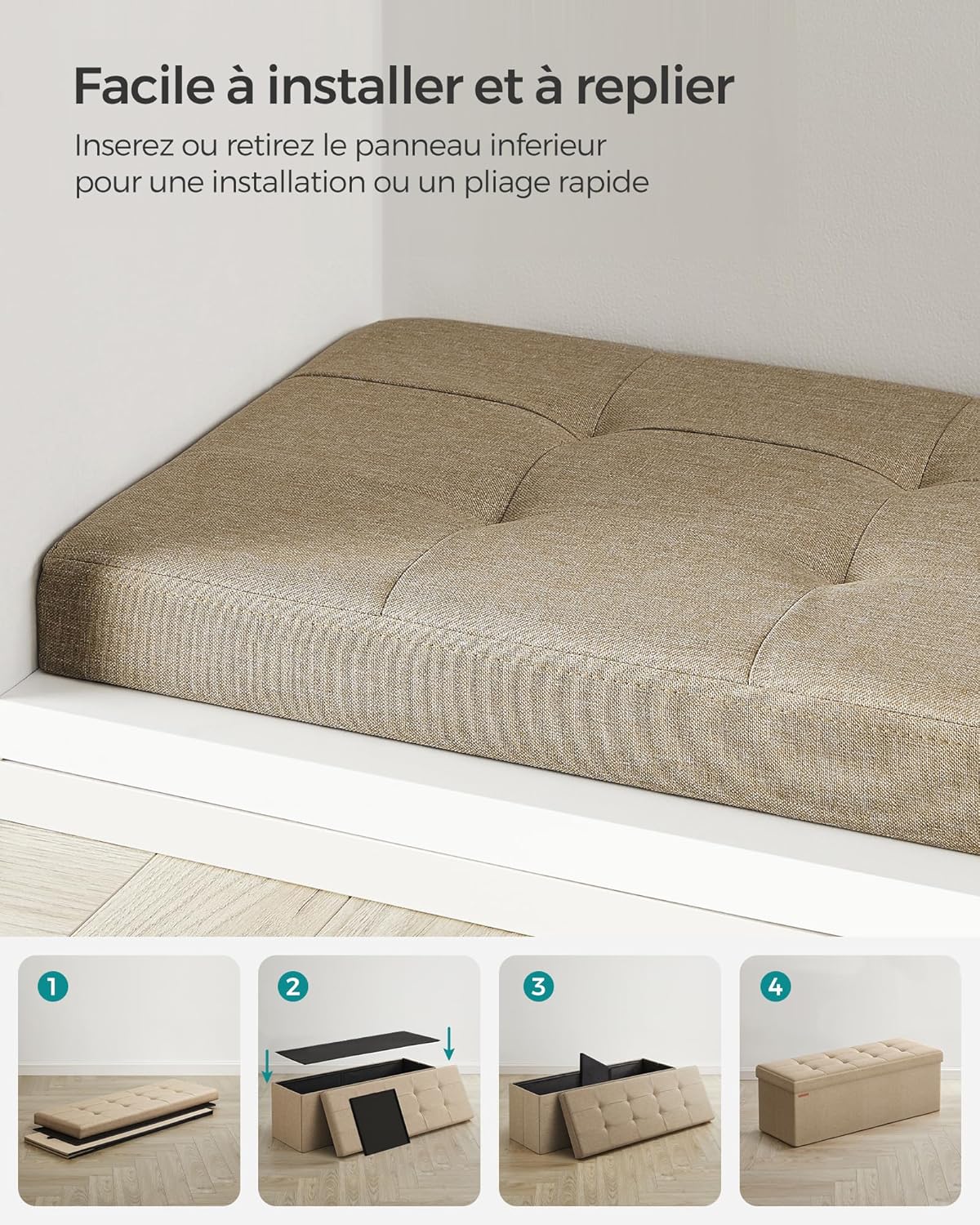 SONGMICS - Mazie Collection - banc pliable 110 cm, rangement bout de lit, montage facile, marron camel, LSF077R01