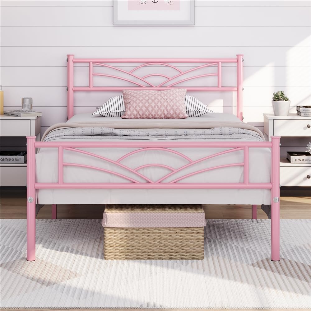 Yaheetech - lit simple métal 90x200 cm, montage facile, rose