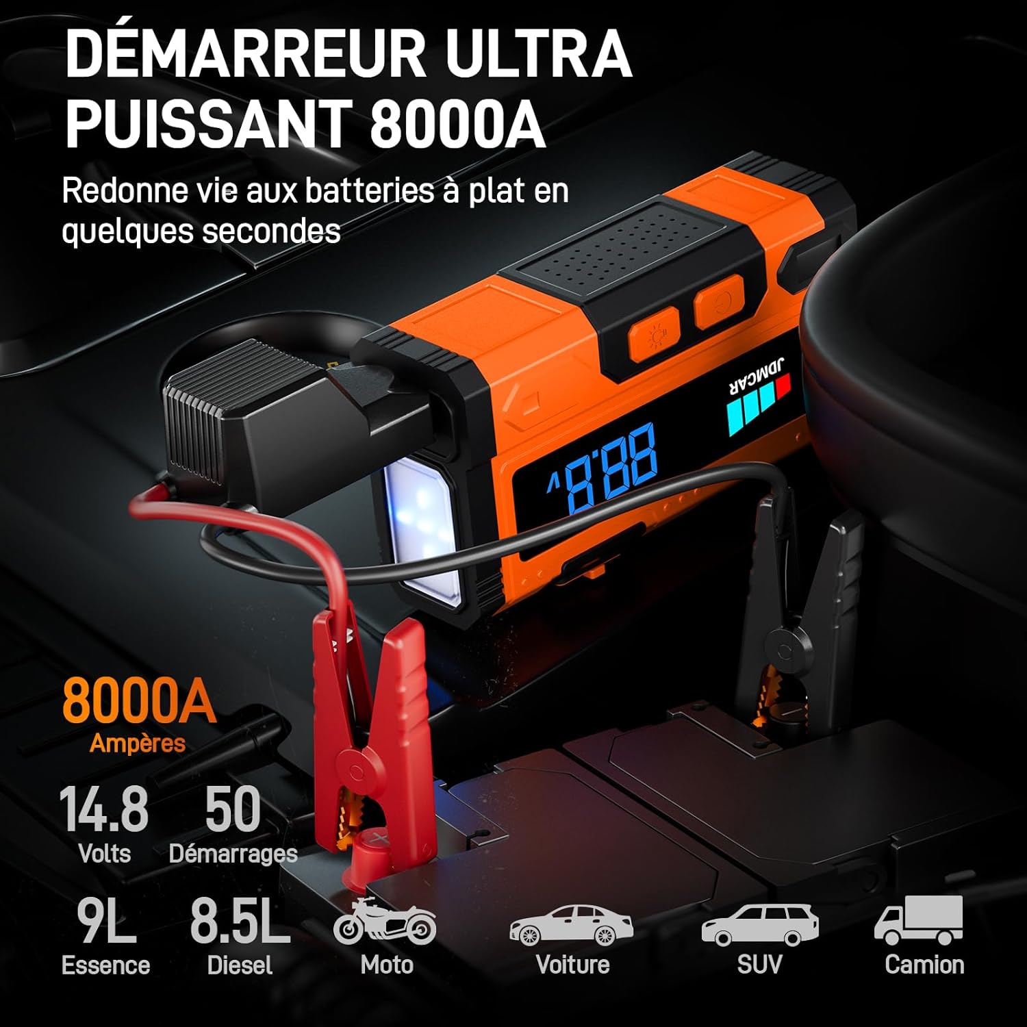 JDMCAR - Booster batterie série 8000A - 14.8V - 9L essence/8.5L diesel, pinces intelligentes, LED, protections multiples