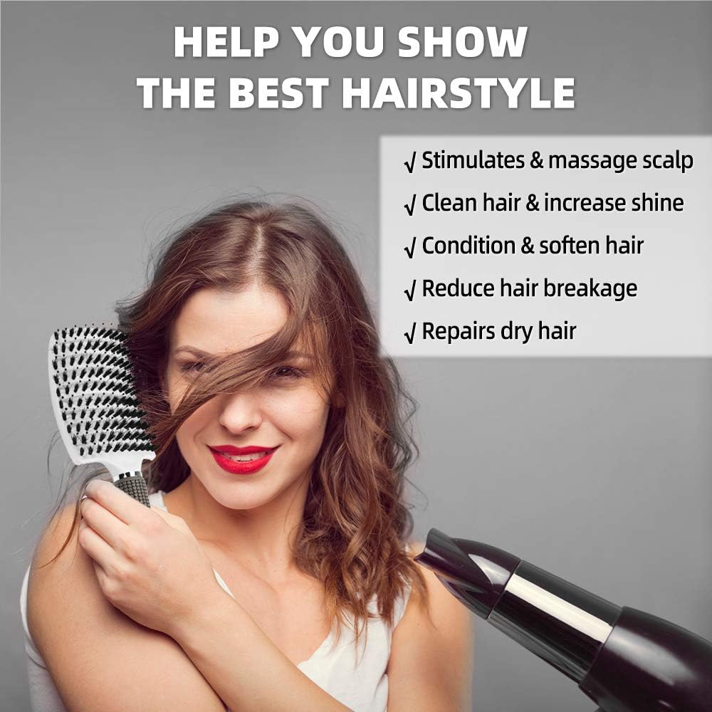 URAQT - Brosse à cheveux incurvée - démêlante, poils sanglier, blanche