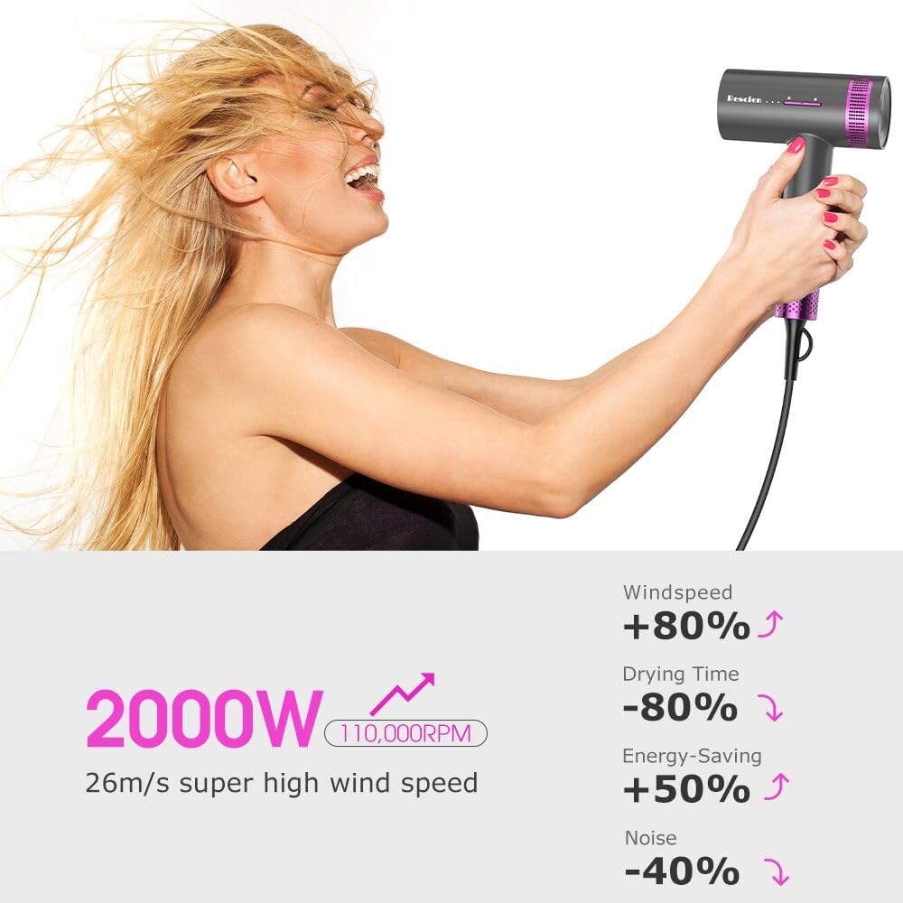 Sèche-cheveux ionique - 2000W - moteur 110000 tr/min, plasma 1750M, buse magnétique, chaud/froid