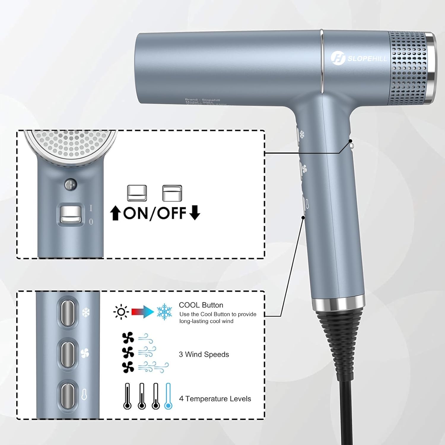 Slopehill - Sèche-cheveux Pro Série - 268g, 2000W - moteur sans balais, micro-filtre, Oxy Active, écran LED