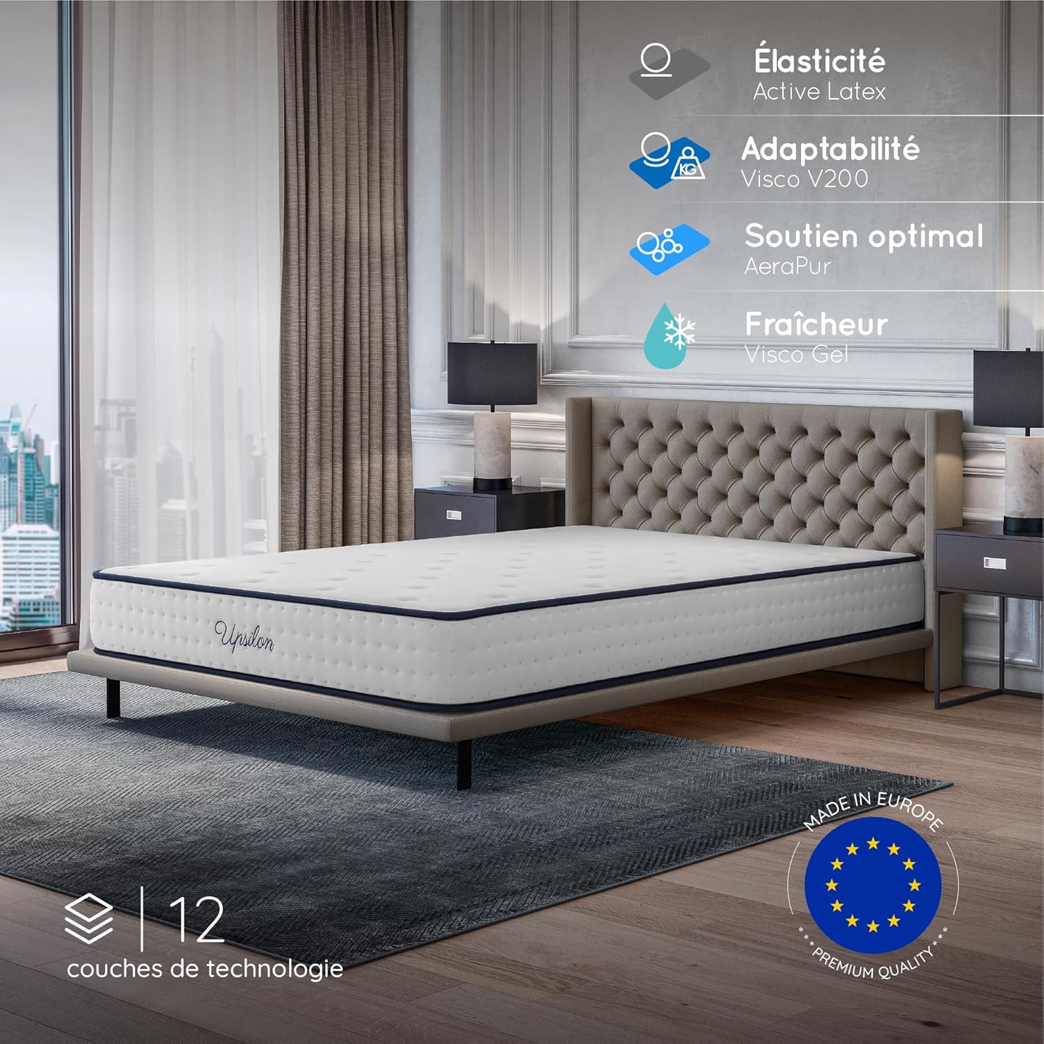 Cosmos - Upsilon - 180x200 cm - mémoire de forme, latex, 24 cm, soutien ferme