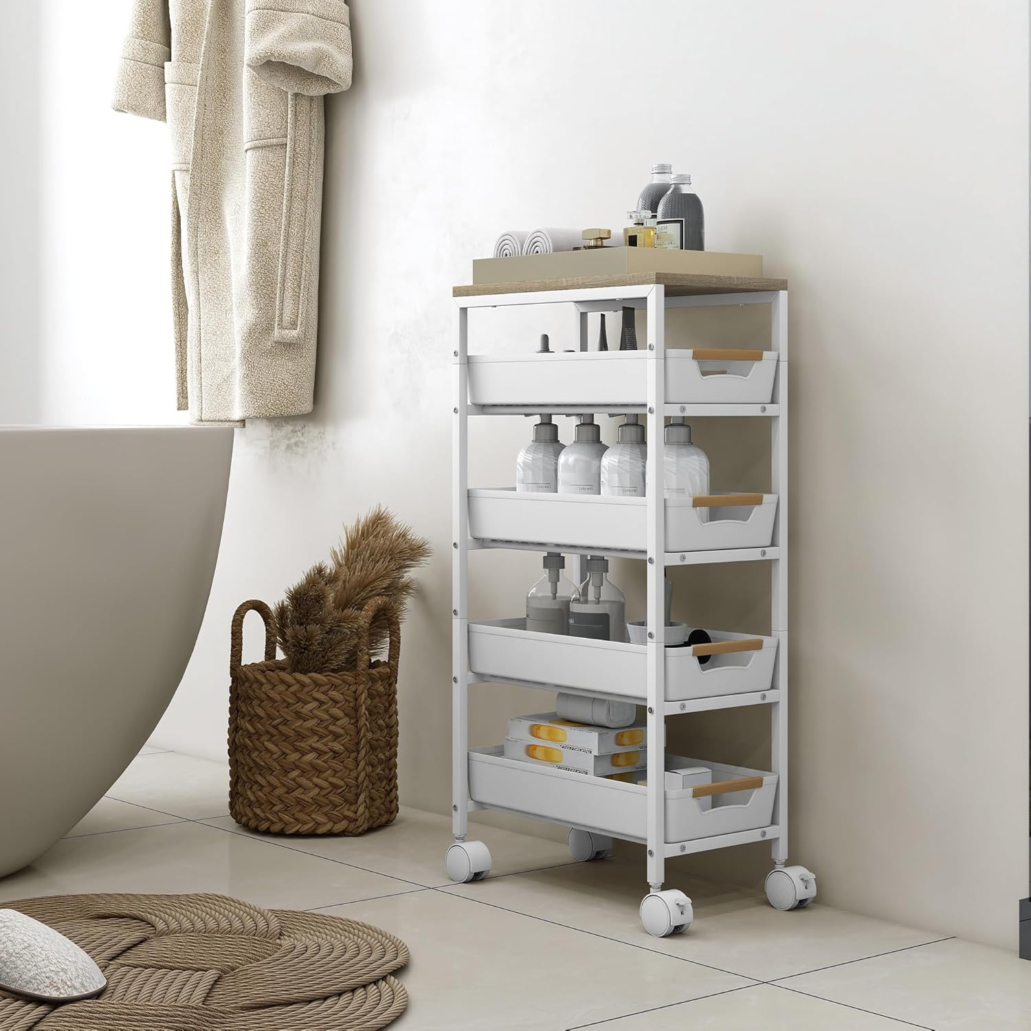 HOMCOM - desserte cuisine 5 niveaux - 4 tiroirs, roulettes, blanc