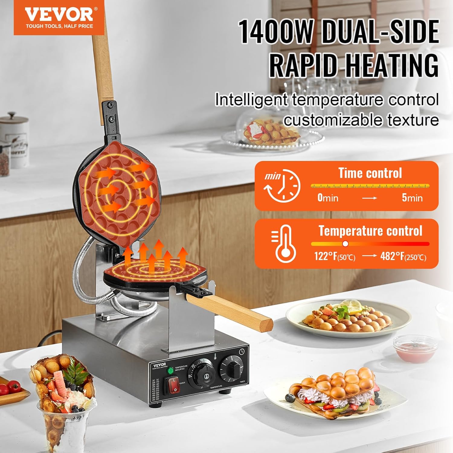 VEVOR - Gaufrier commercial 1400 W - inox rotatif 180° contrôles