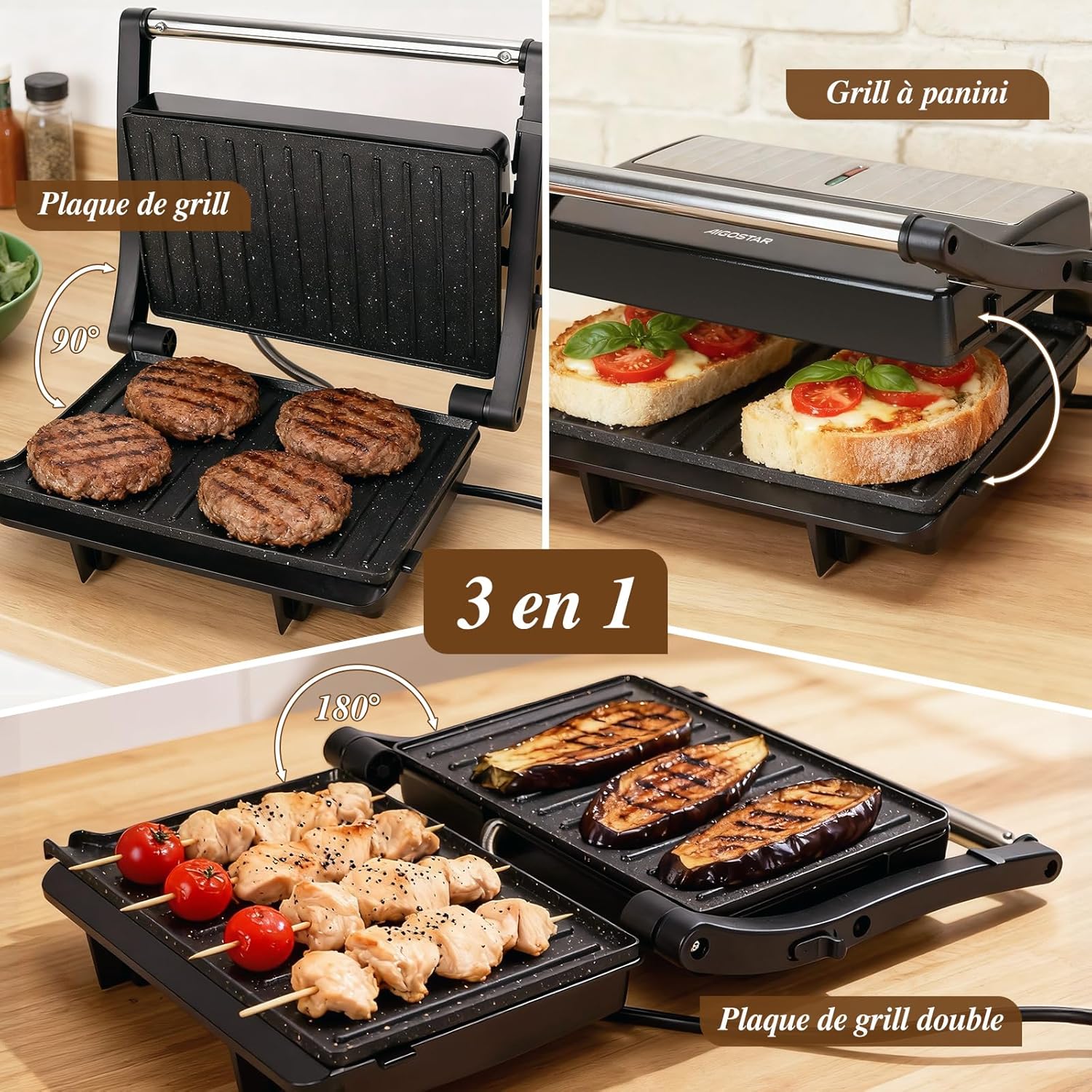Aigostar - York Pro - grill panini 1000W, plaques antiadhésives, ouverture 180°