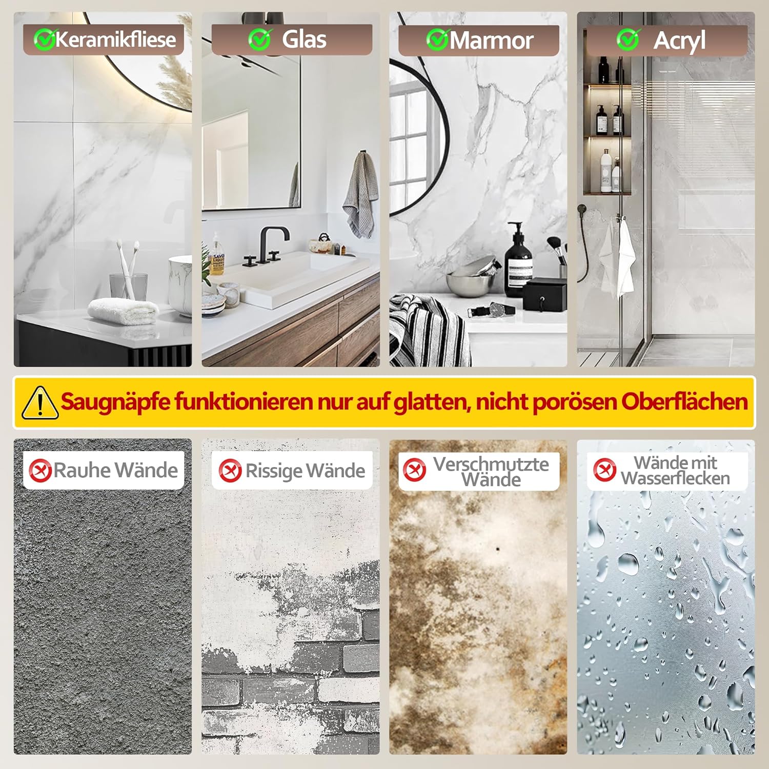 Miroir grossissant double face, ventouse, éclairage 3 modes, 30 compartiments