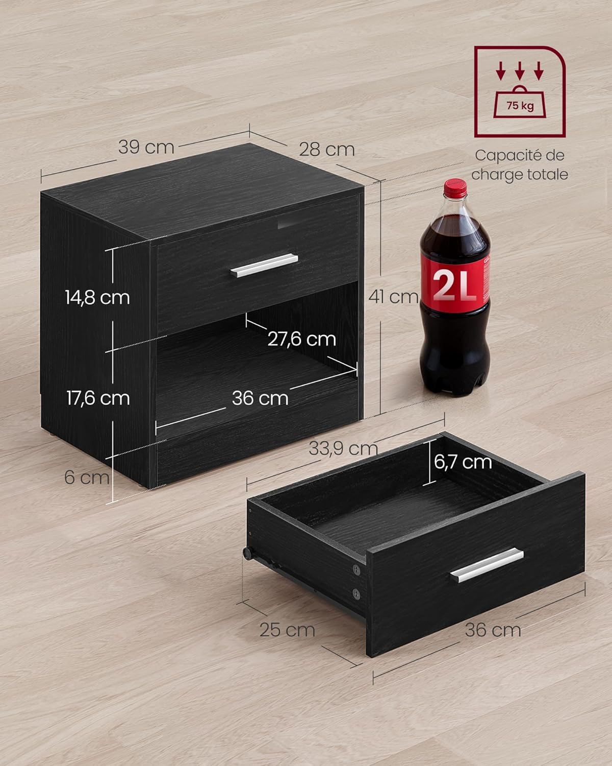 VASAGLE - table de nuit lot de 2 - tiroir, compartiment ouvert, noir - LET819T56