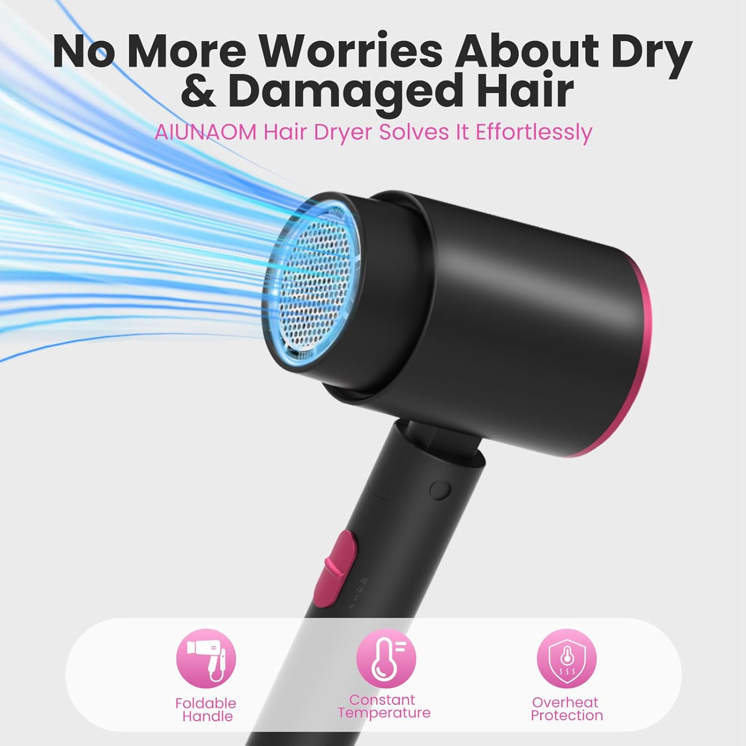 Sèche-cheveux pliable - 2000W - séchage rapide, air chaud/froid, compact