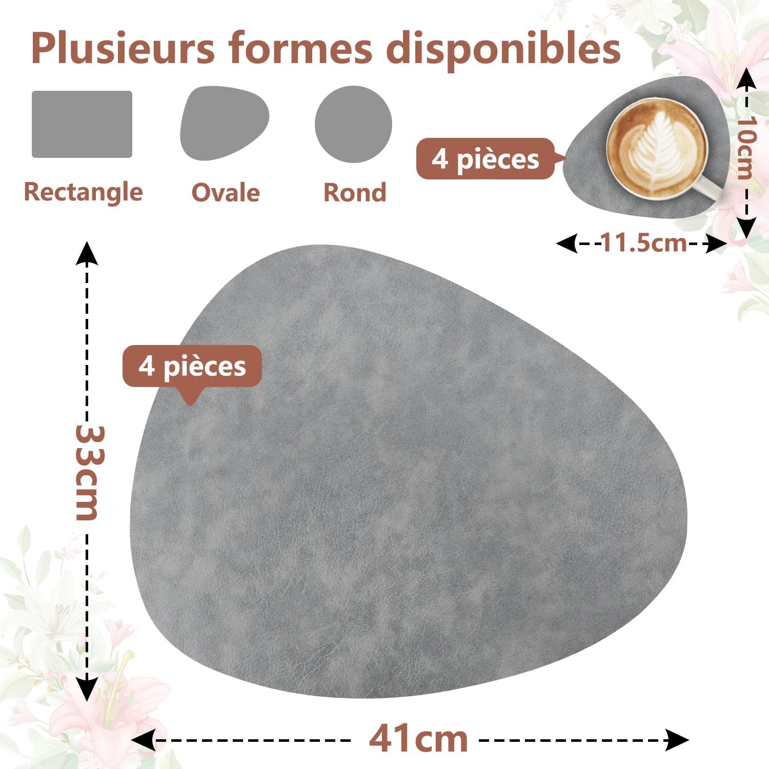 Set de Table - Lot 4 Cuir PU, double face, ovale 41x33cm, lavable