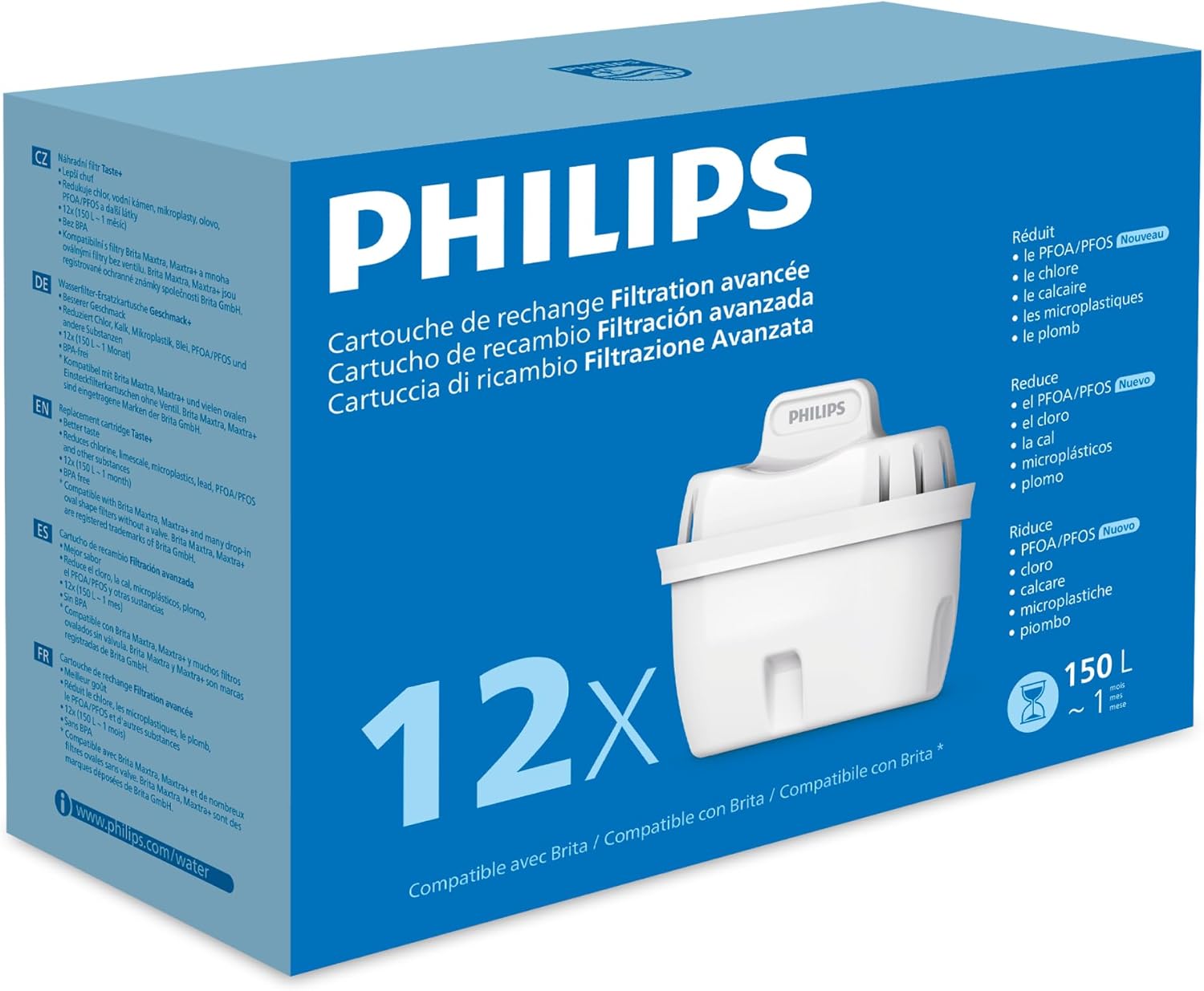 Philips - Cartouches filtrantes de rechange - lot de 12 - filtration avancée, réduit microplastiques, chlore, calcaire