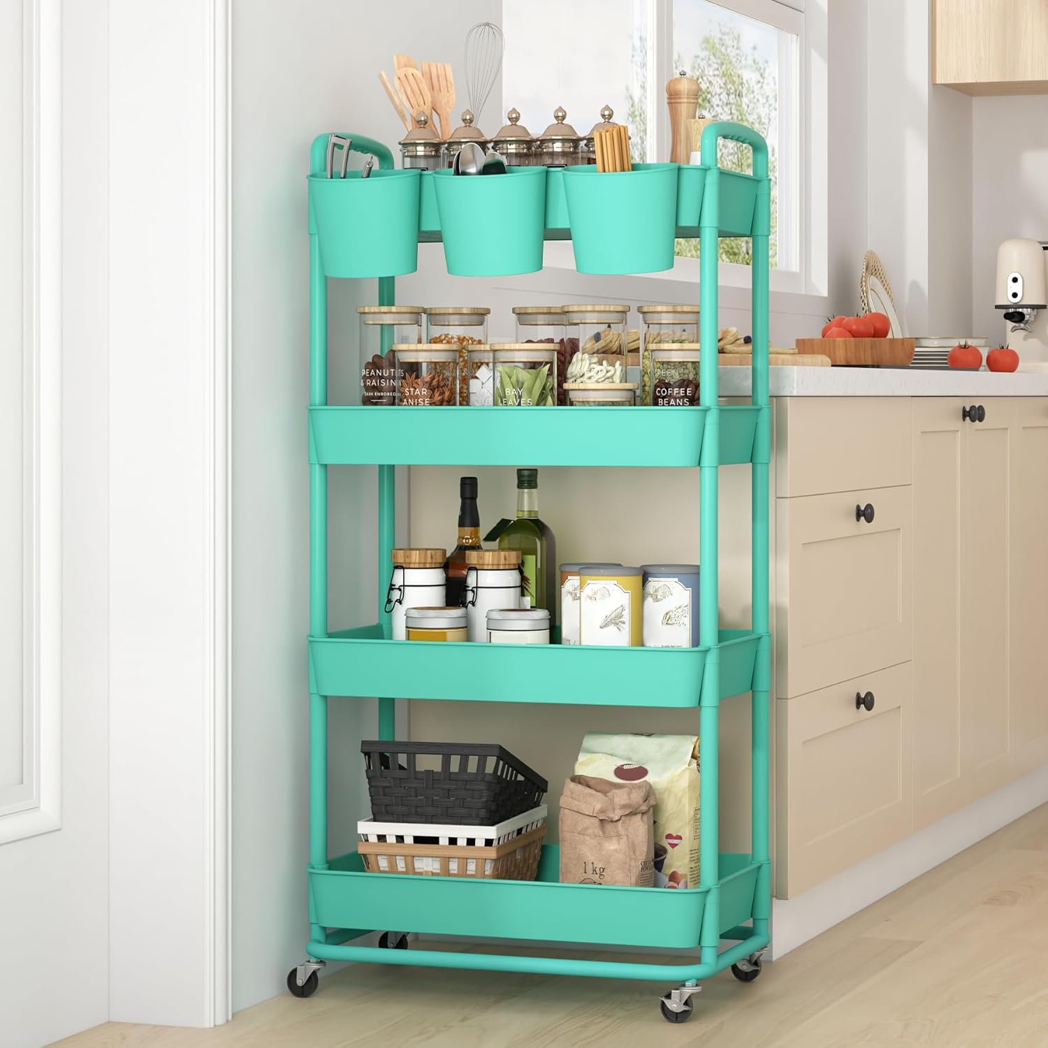 JIUYOTREE - chariot 4 niveaux - roulettes verrouillables, poignées, gobelets - rangement polyvalent