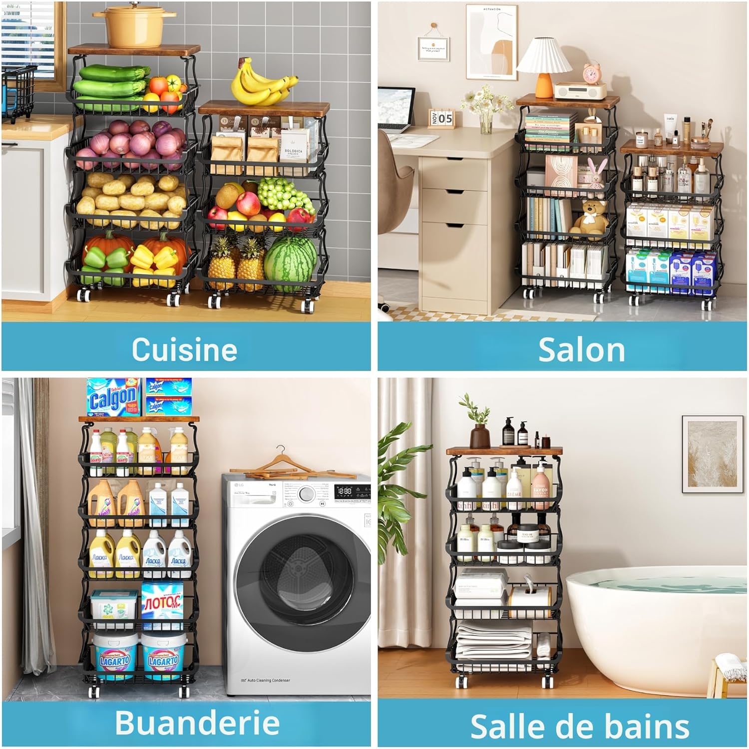 Corbeille à fruits et légumes - 5 niveaux, métal, roulettes, rangement empilable