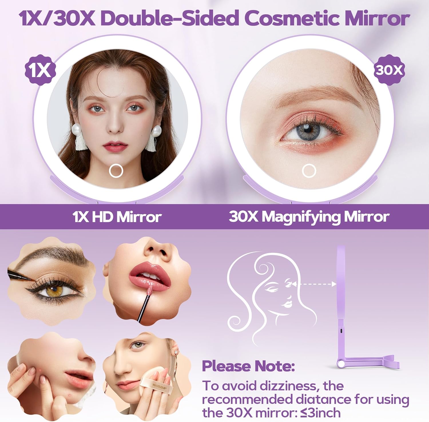B Beauty Planet - miroir maquillage double face 30x/1x, pliable, éclairage LED, violet