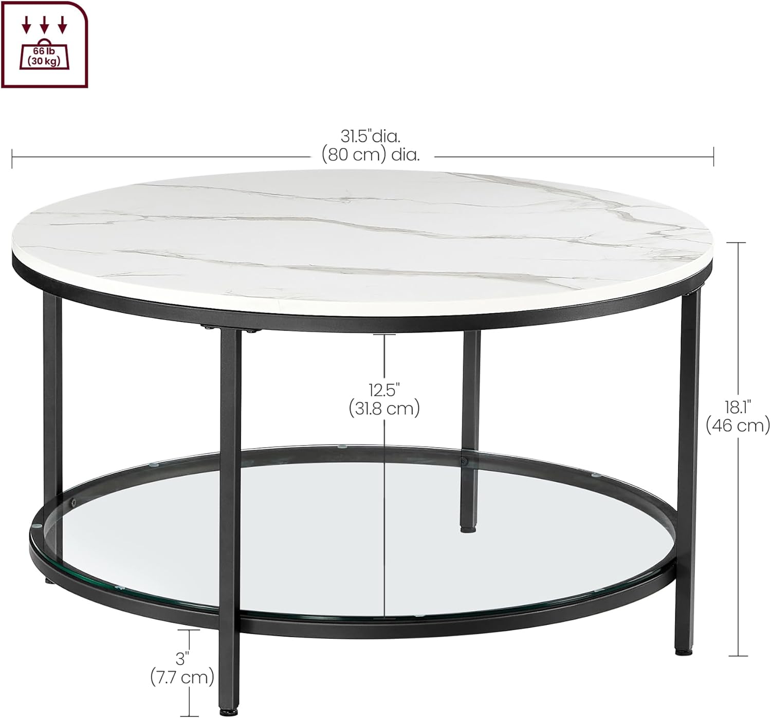 VASAGLE - table basse moderne, marbre blanc/verre trempé, LCT071B13