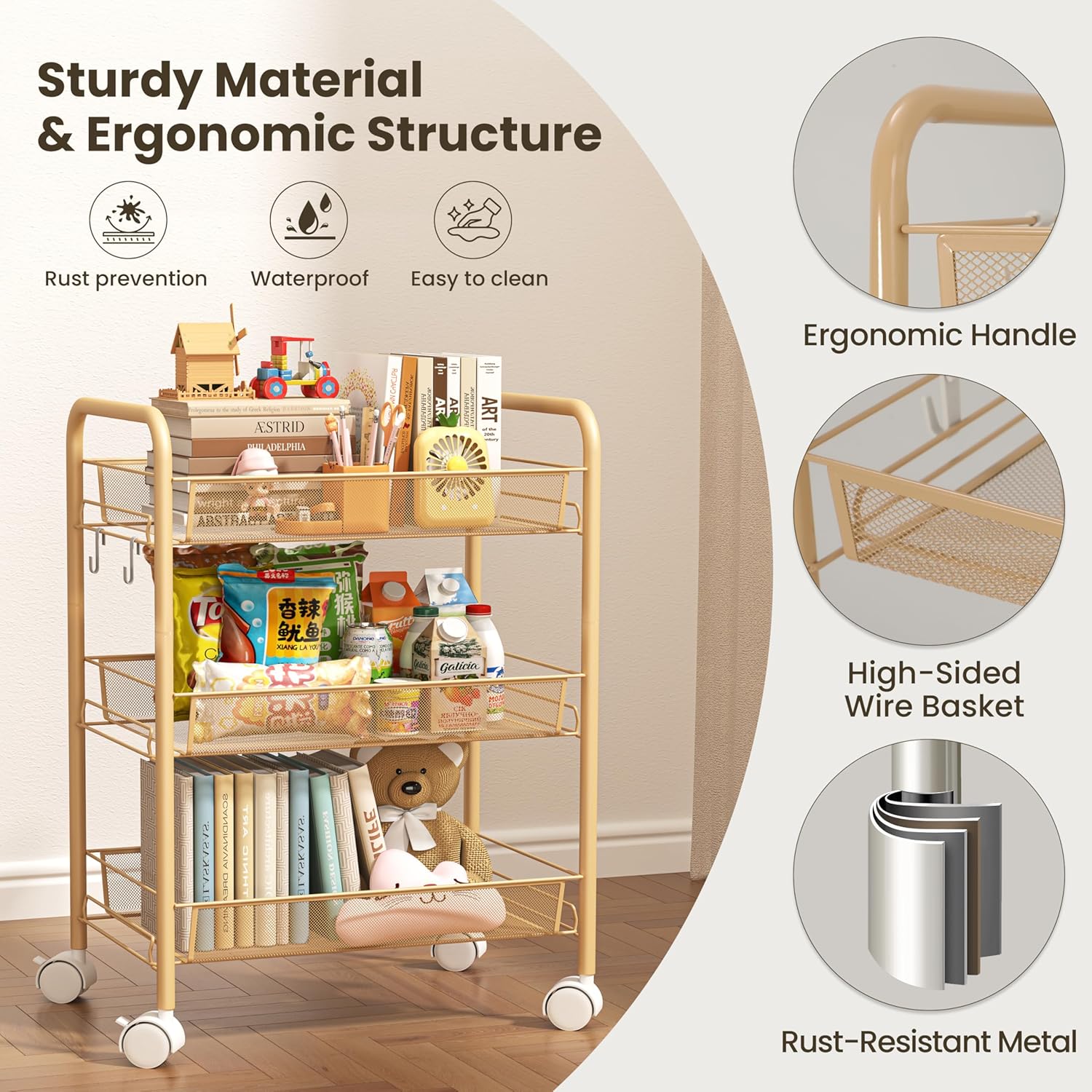 Chariot métallique - 3 étagères, poignées, roulettes, orange, cuisine