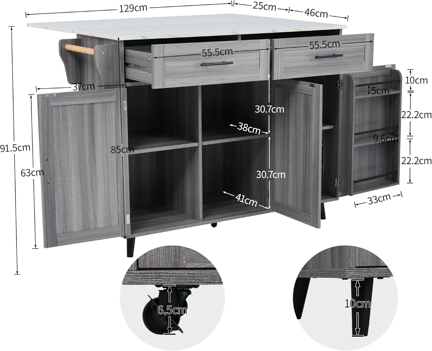 Desserte îlot de cuisine - plans rabattables, 2 tiroirs, 3 casiers - 129x71x91,5cm - gris