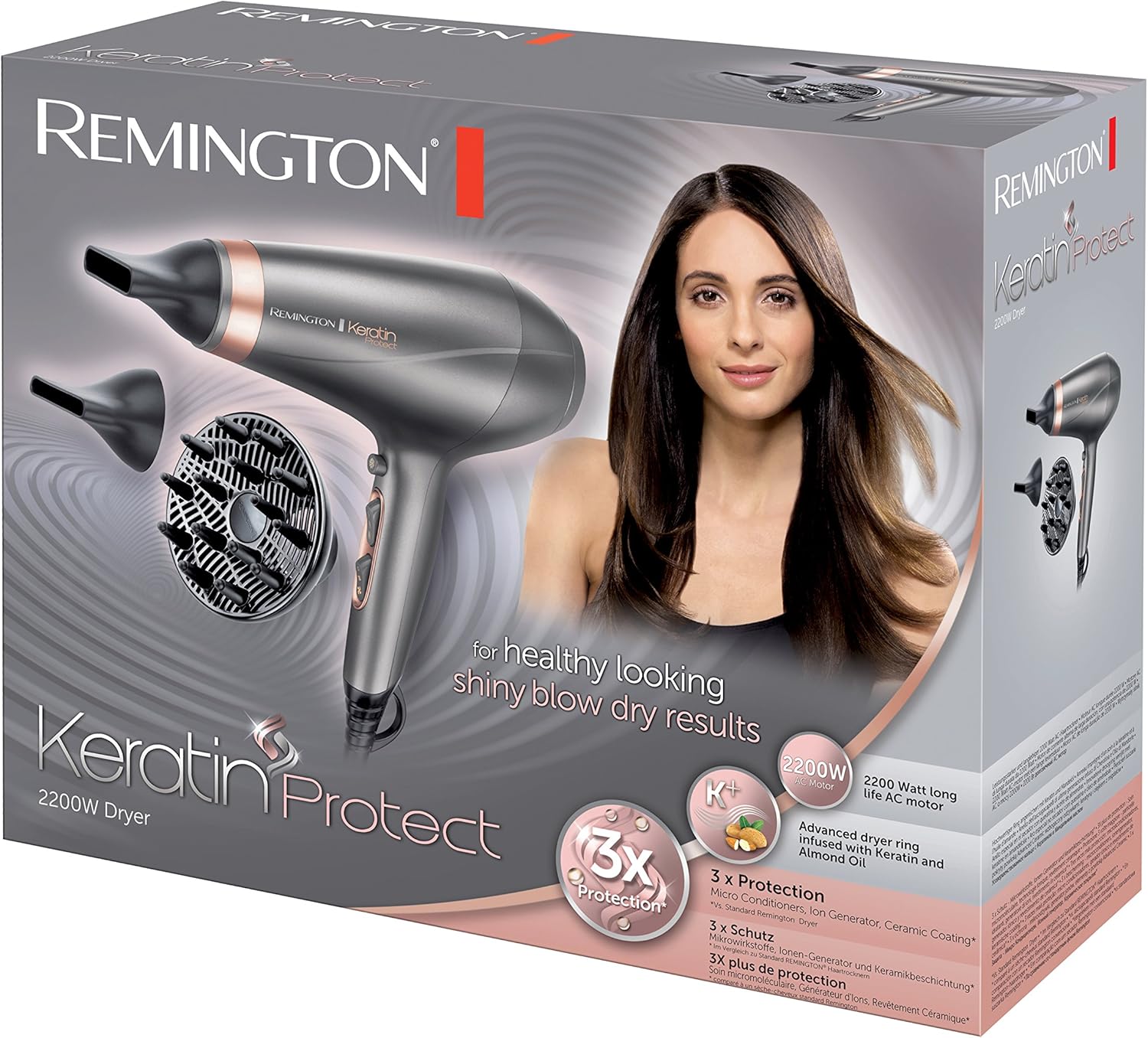 Remington - Keratin Protect - sèche-cheveux 2200W, ionique, céramique, moteur AC, 3 temp., 3 accessoires - AC8820
