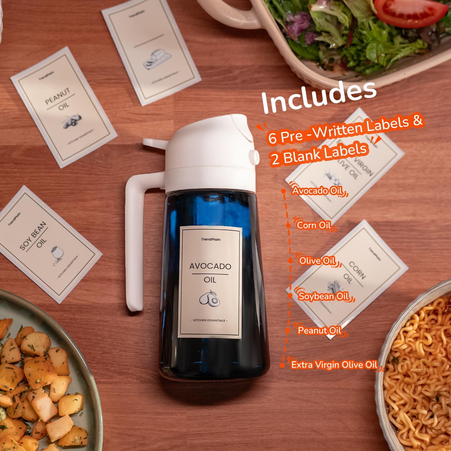 TrendPlain - Spray Huile Cuisine 470ml - 2-en-1 Air Fryer, Blanc