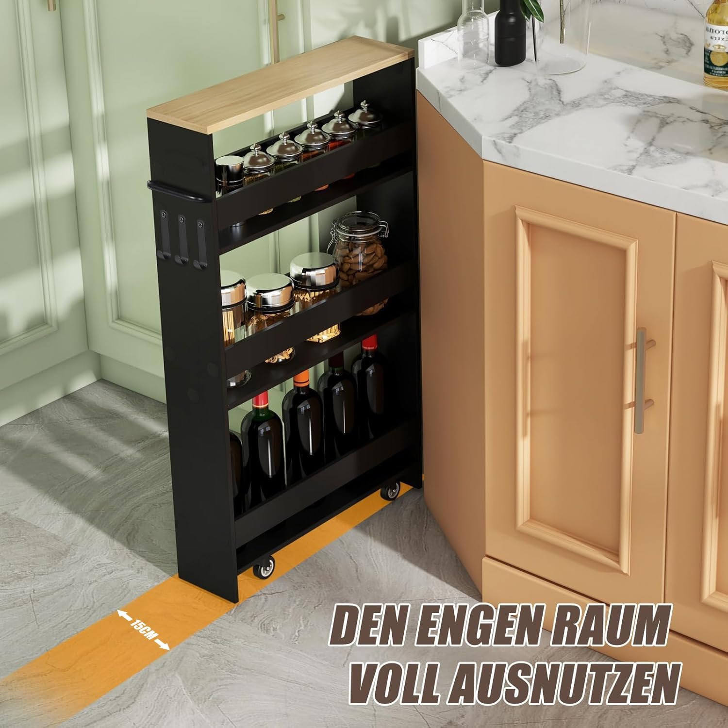 Chariot de rangement 15 cm, 4 niveaux, poignée et crochets, noir/naturel