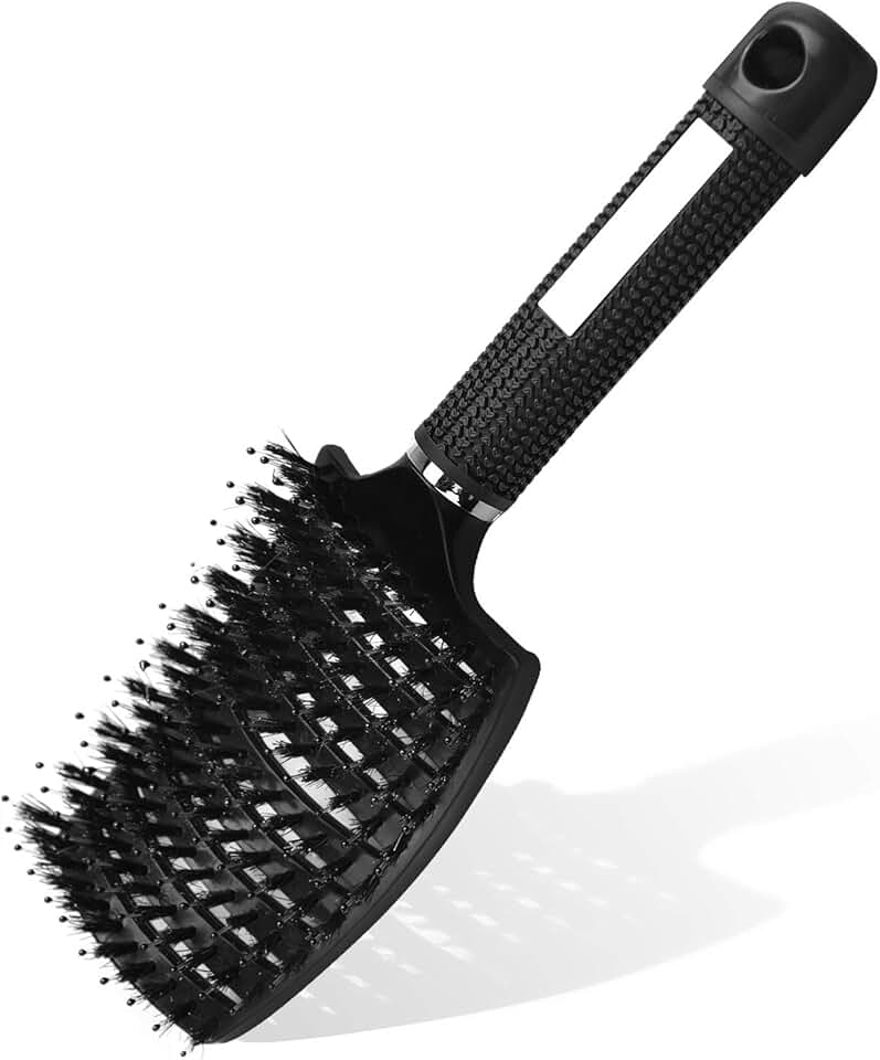 URAQT - Brosse à cheveux incurvée - poils de sanglier, séchage rapide, massage, démêlante - noire