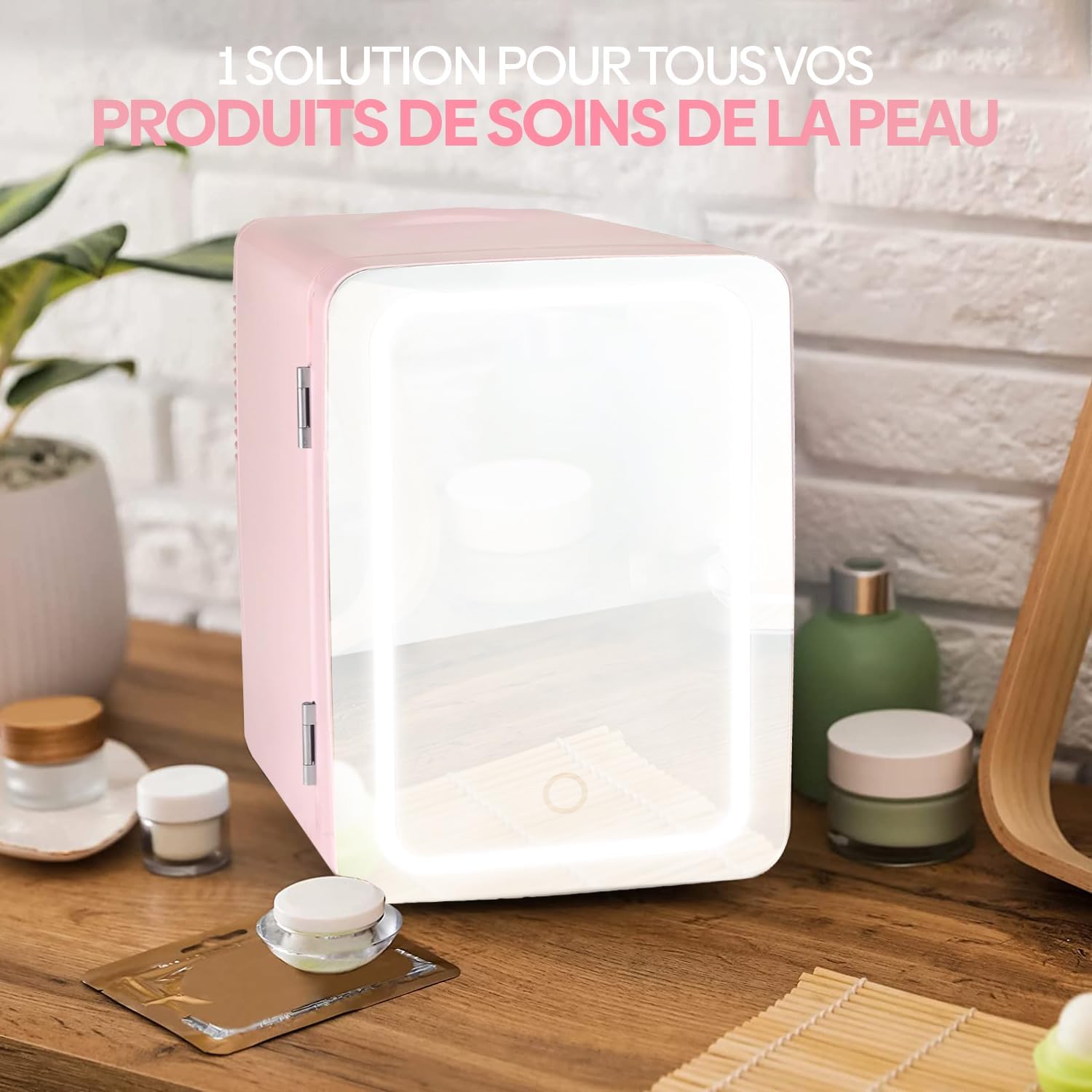 Olvy - Mini Réfrigérateur 4L - miroir LED, portable, rose