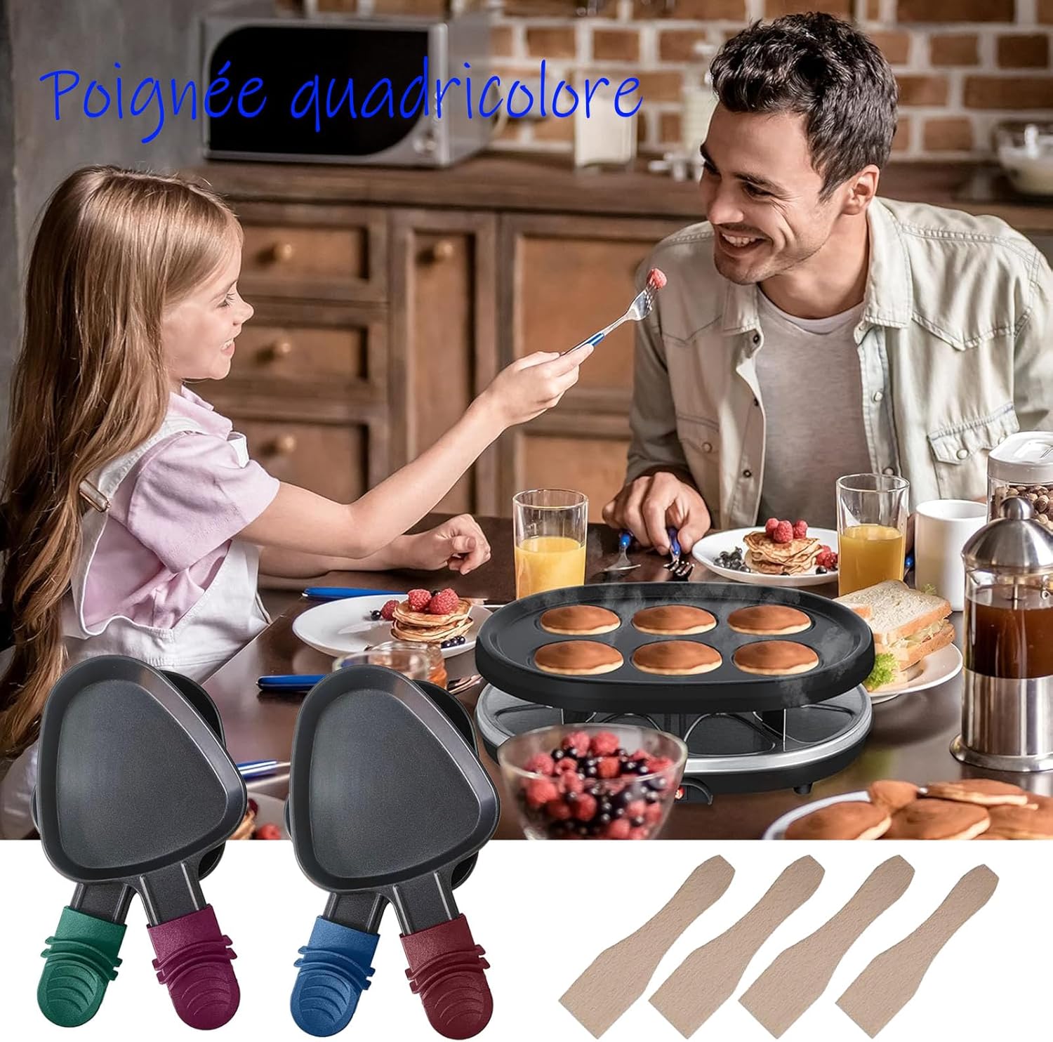 Poêlon à raclette - 18x10cm - antiadhésif, 8 pelles bois, multicolore