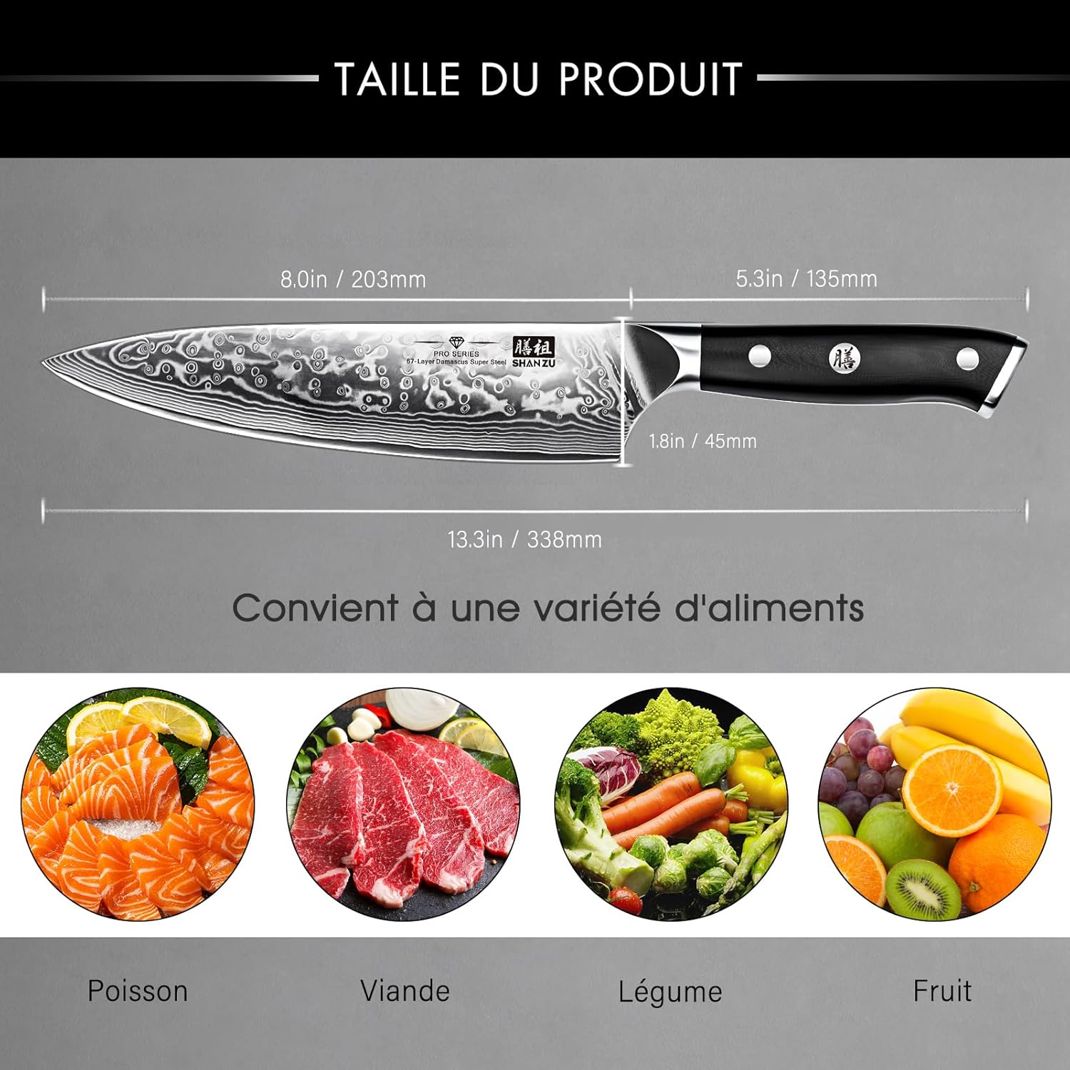 SHAN ZU - PRO Series - 20cm - Couteau chef japonais Damas 67 couches, poignée G10